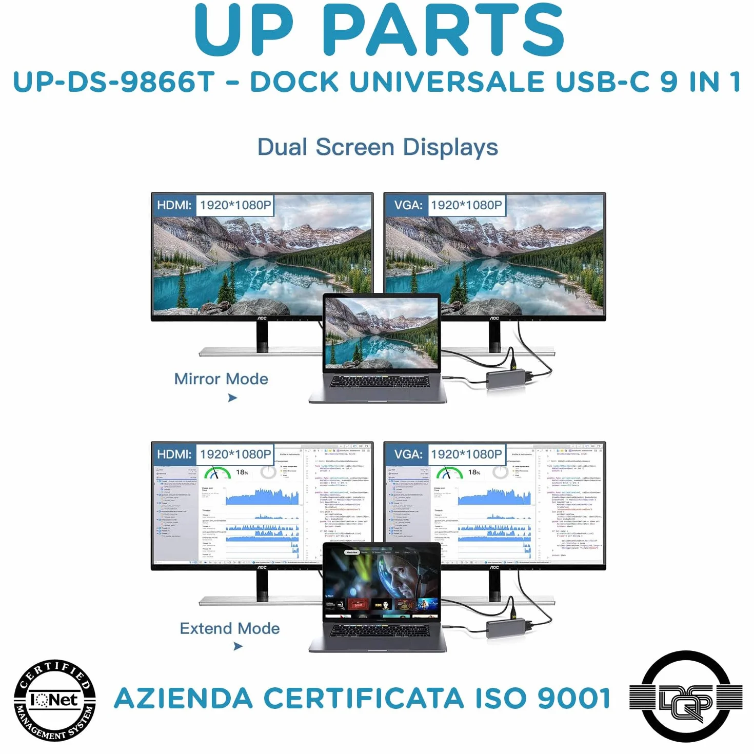 Hub USBC, Docking Station,UP-DS-9866T, 9 in 1,Porta Alimentazione USB C 100W, HDMI 4K, VGA, 1 porta USB3, 2 Porte USB2, Card Reader, Audio 3.5mm, Azienda Italiana