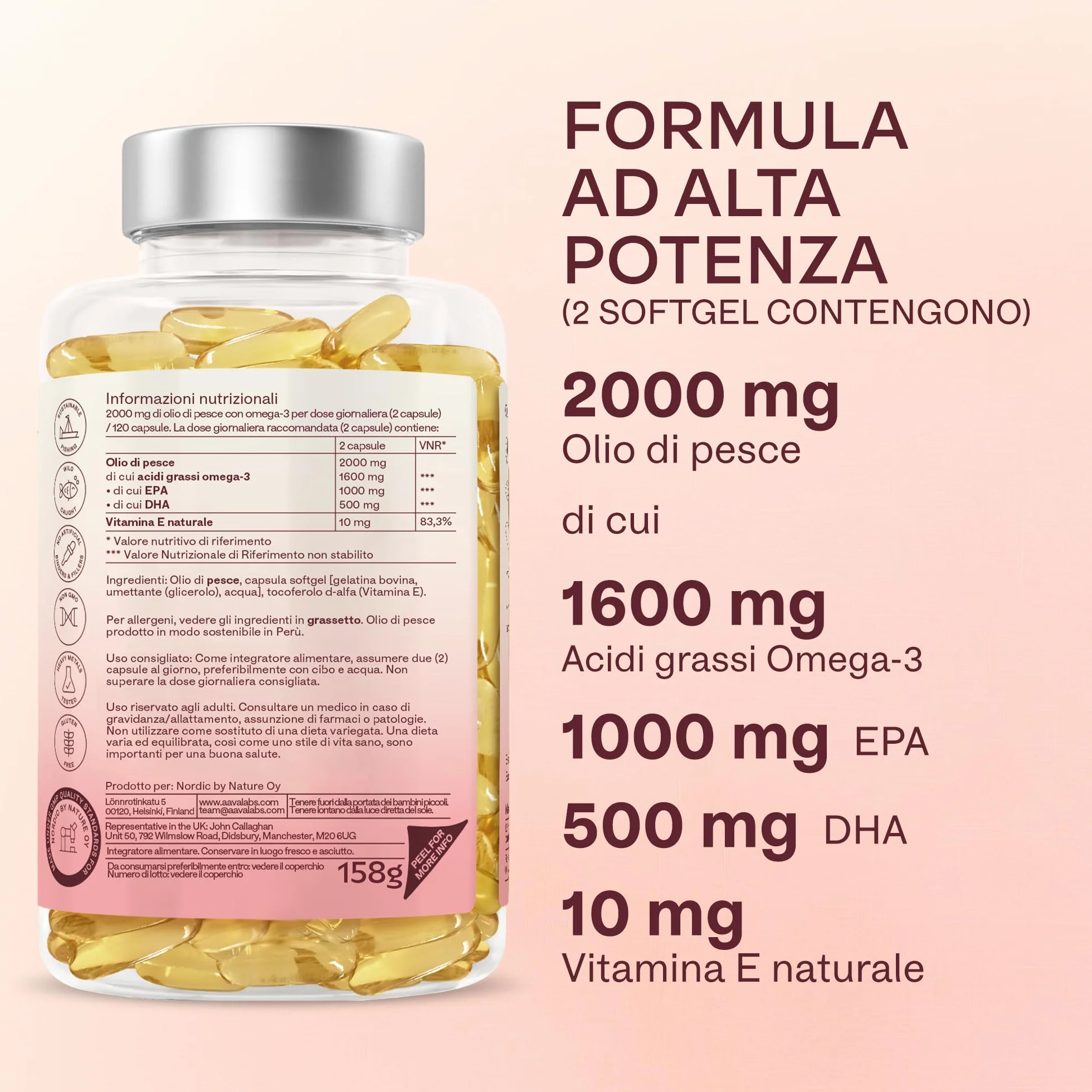 Omega 3 2000mg Alto Dosaggio Olio di Pesce Capsule Integratore EPA 500mg DHA 120 Softgel