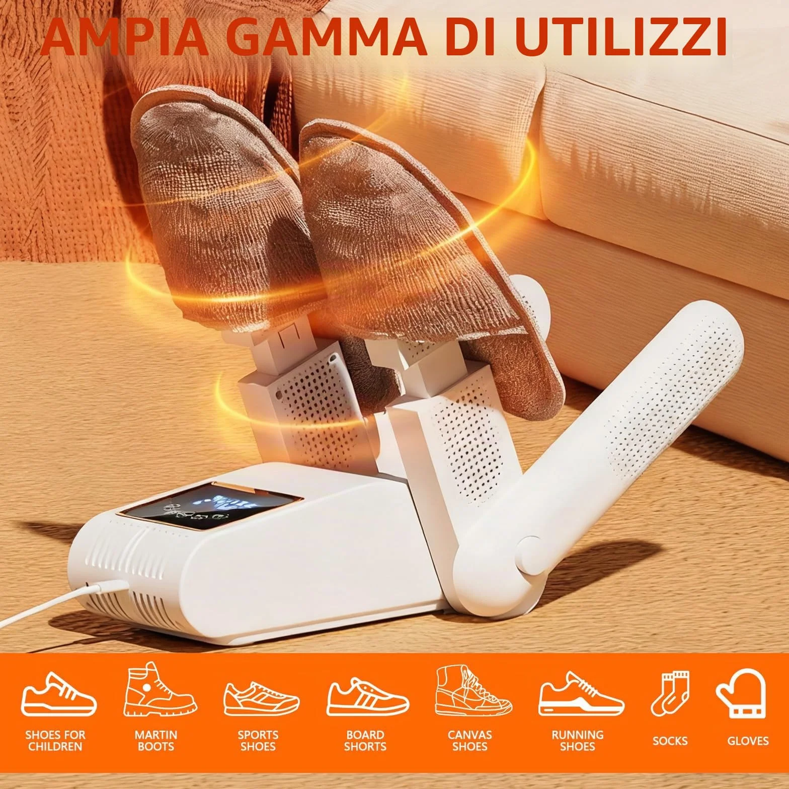 Asciuga Scarpe Elettrico per 2 Paia Portatile con Sterilizzazione UV e Schermo Touch LED