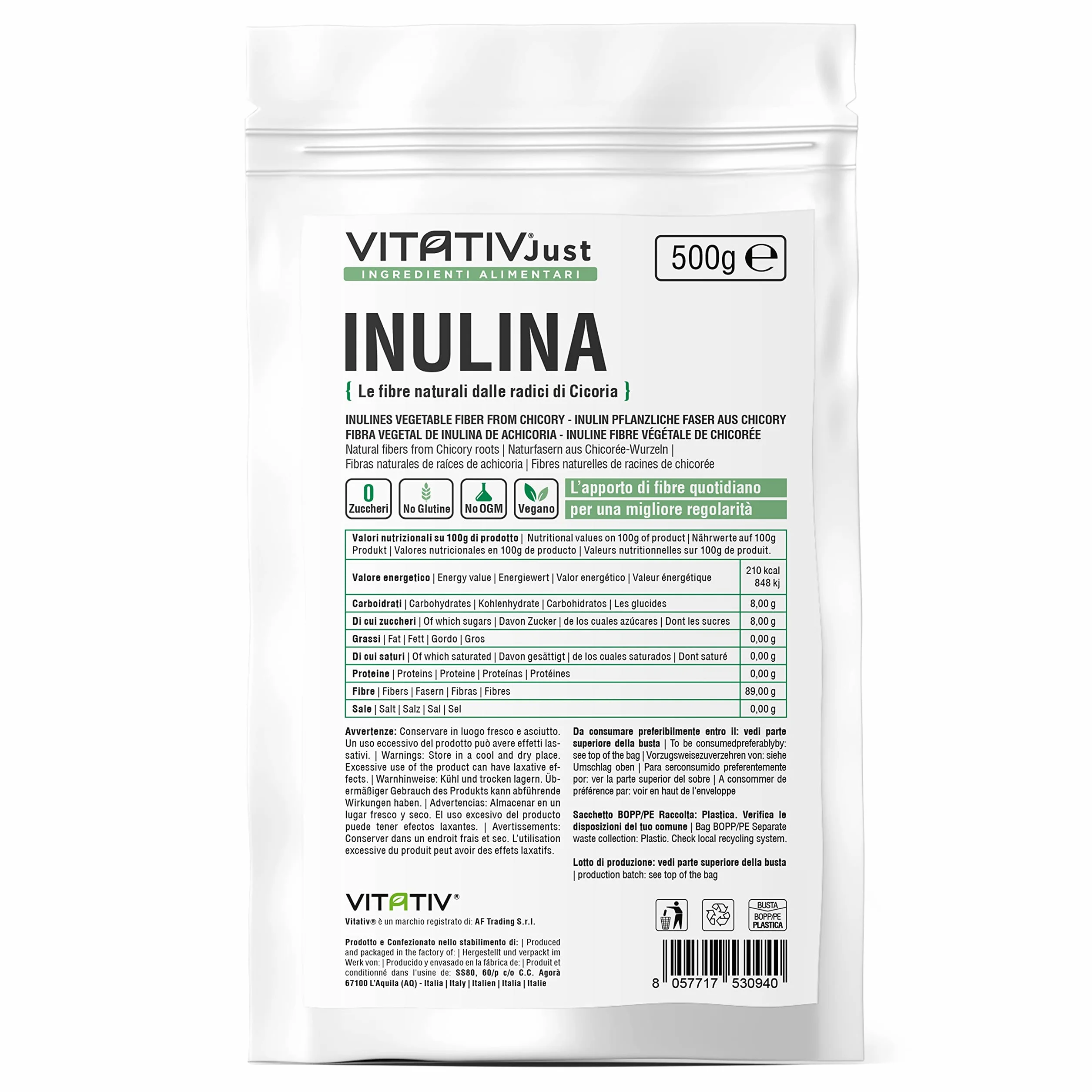VITATIV Inulina da Cicoria in Polvere Pura 500g Fibra Vegetale Prebiotica