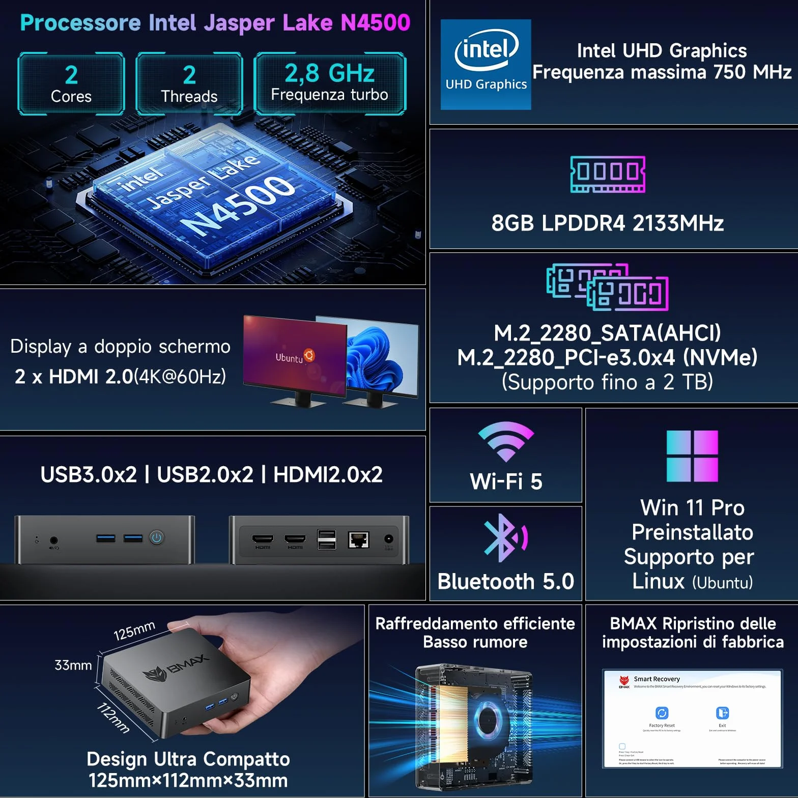 BMAX Mini PC W-11 Pro Intel N4500 8GB LPDDR4 256GB M.2 SSD WiFi 5 Bluetooth 5.0 Dual HDMI