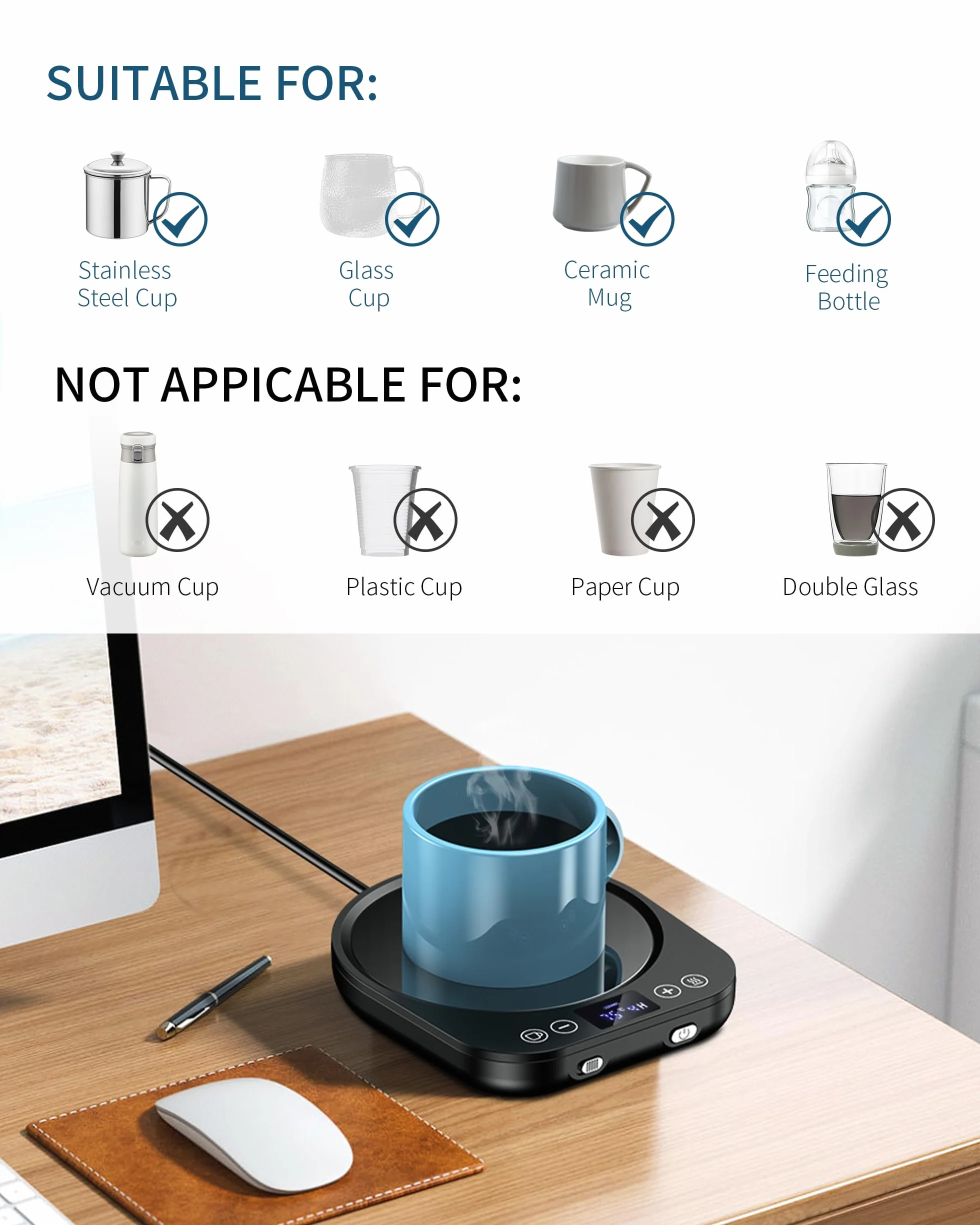 Accwork Scaldatazze Scalda Tazze da Caffè, Scalda Bevande Scalda Latte, Tè con 3 Modalità di Temperatura Fino a 85 ℃ Spegnimento Automatico, Scalda Caffè per Ufficio, Casa