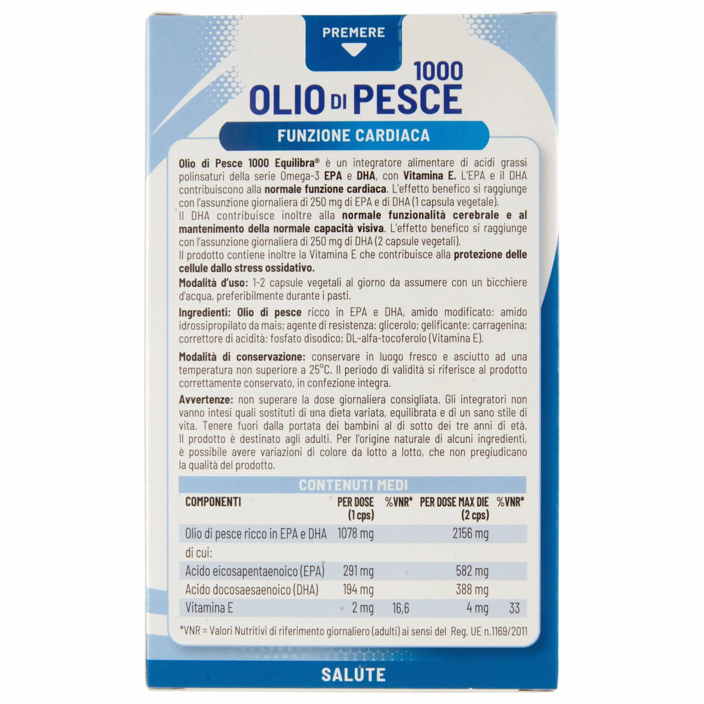 Equilibra Olio di Pesce 1000 Integratore Omega-3 EPA DHA Vitamina E 60 Capsule Vegetali