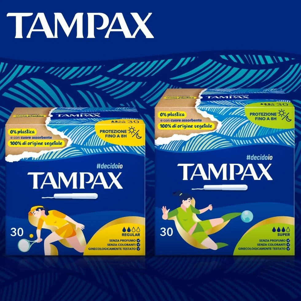 TAMPAX super 30 tamponi con applicatore in cartone cuore assorbente vegetale senza plastica antiforiuscita flusso abbondante