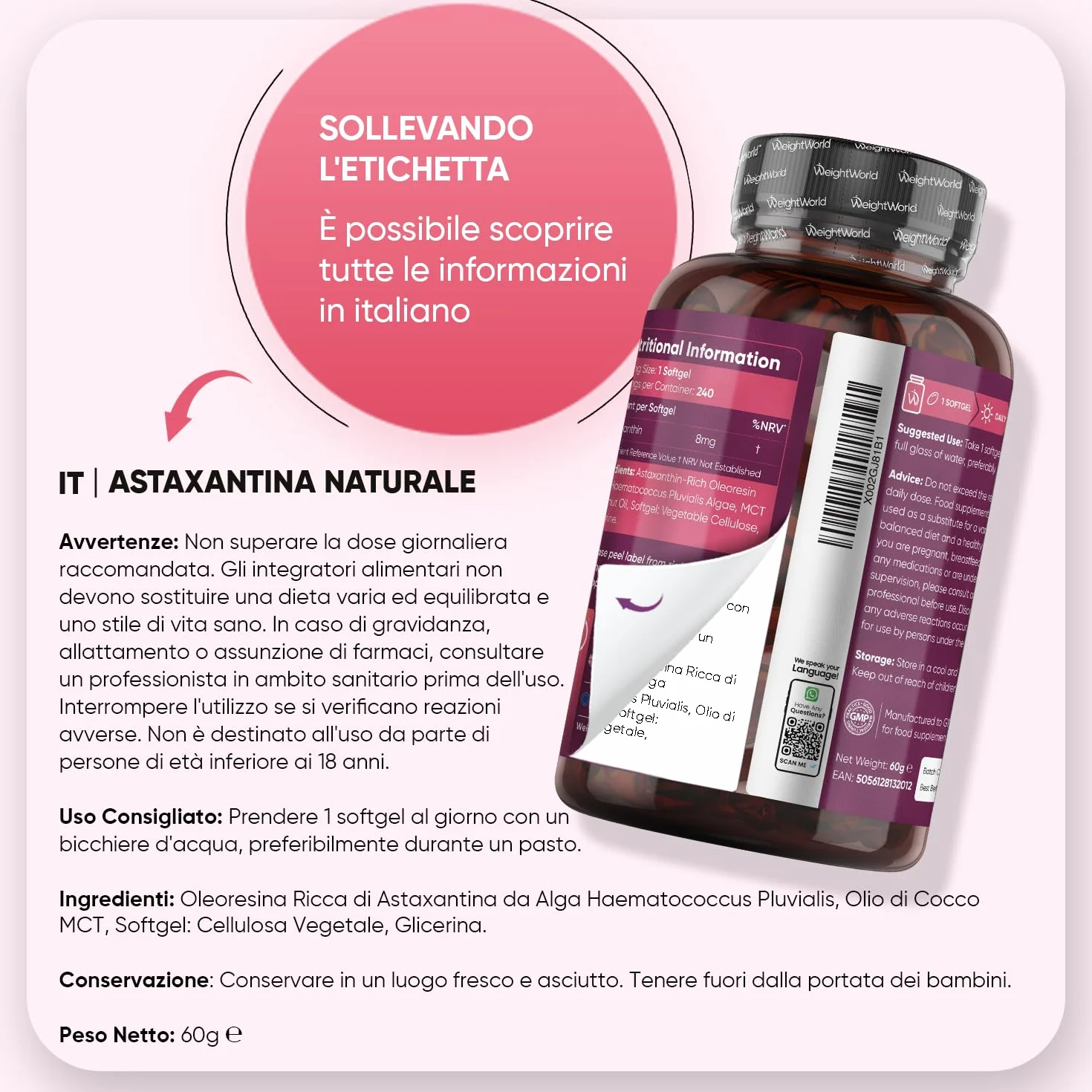 Astaxantina 240 Softgel Vegane Integratore Alimentare Naturale da Microalghe Haematococcus Pluvialis Prodotto in UE