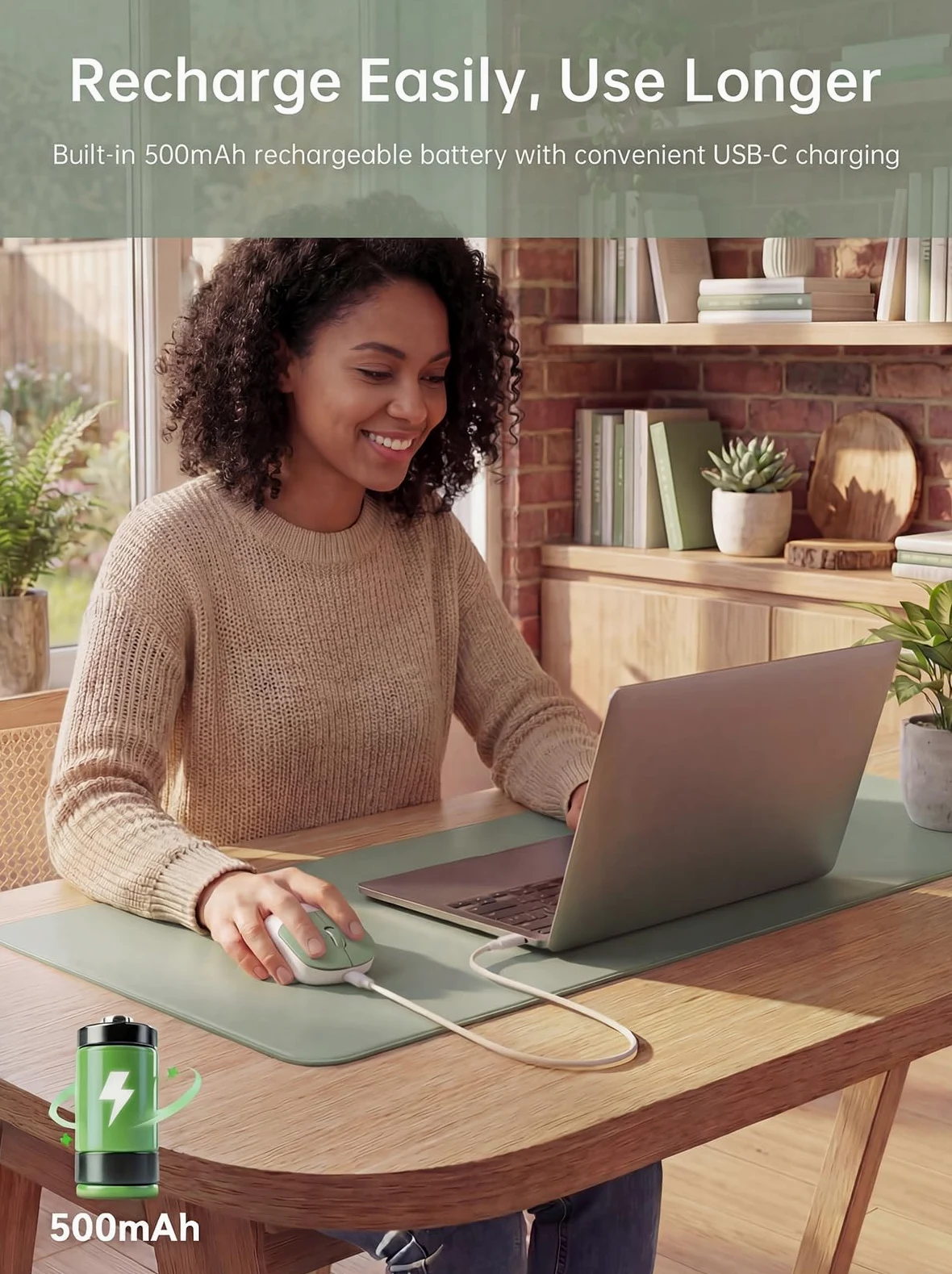 hunart H6 49 g mouse wireless, Bluetooth e mouse ricaricabile 2,4 GHz, leggero mouse ergonomico silenzioso con ricarica USB-C, mouse portatile da ufficio destro per laptop, PC, MacBook, tablet, verde