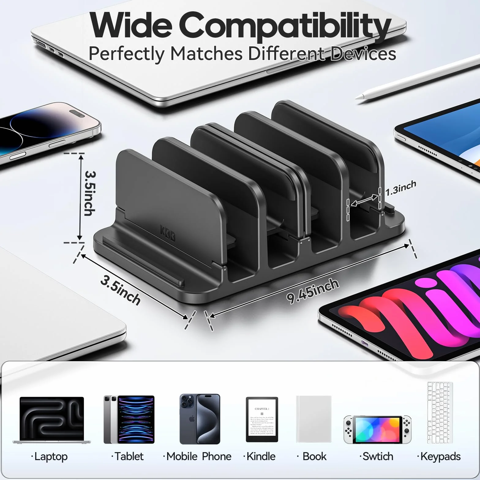 KDD Supporto Verticale Laptop con 3 Scanalature & Chiusura a Gravità, 6 in 1 Porta PC Portatile da Scrivania Salvaspazio per MacBook/Surface/Samsung/HP/Dell/Book/Tablet/Switch e Telefono Cellulare