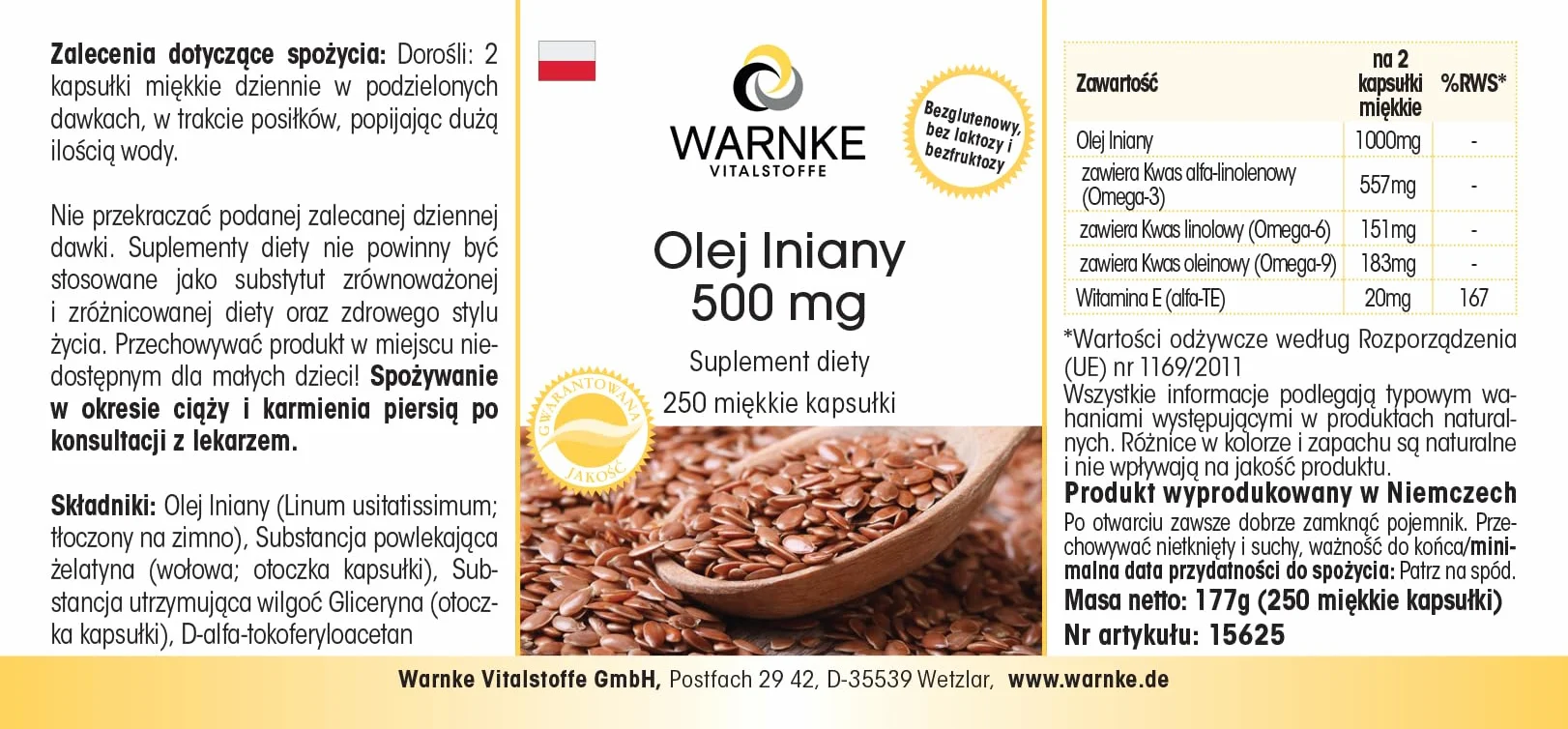 Olio di lino puro 500mg Alpha acido liponico Omega 3-250 Softgel Vitamina E Warnke Vitalstoffe
