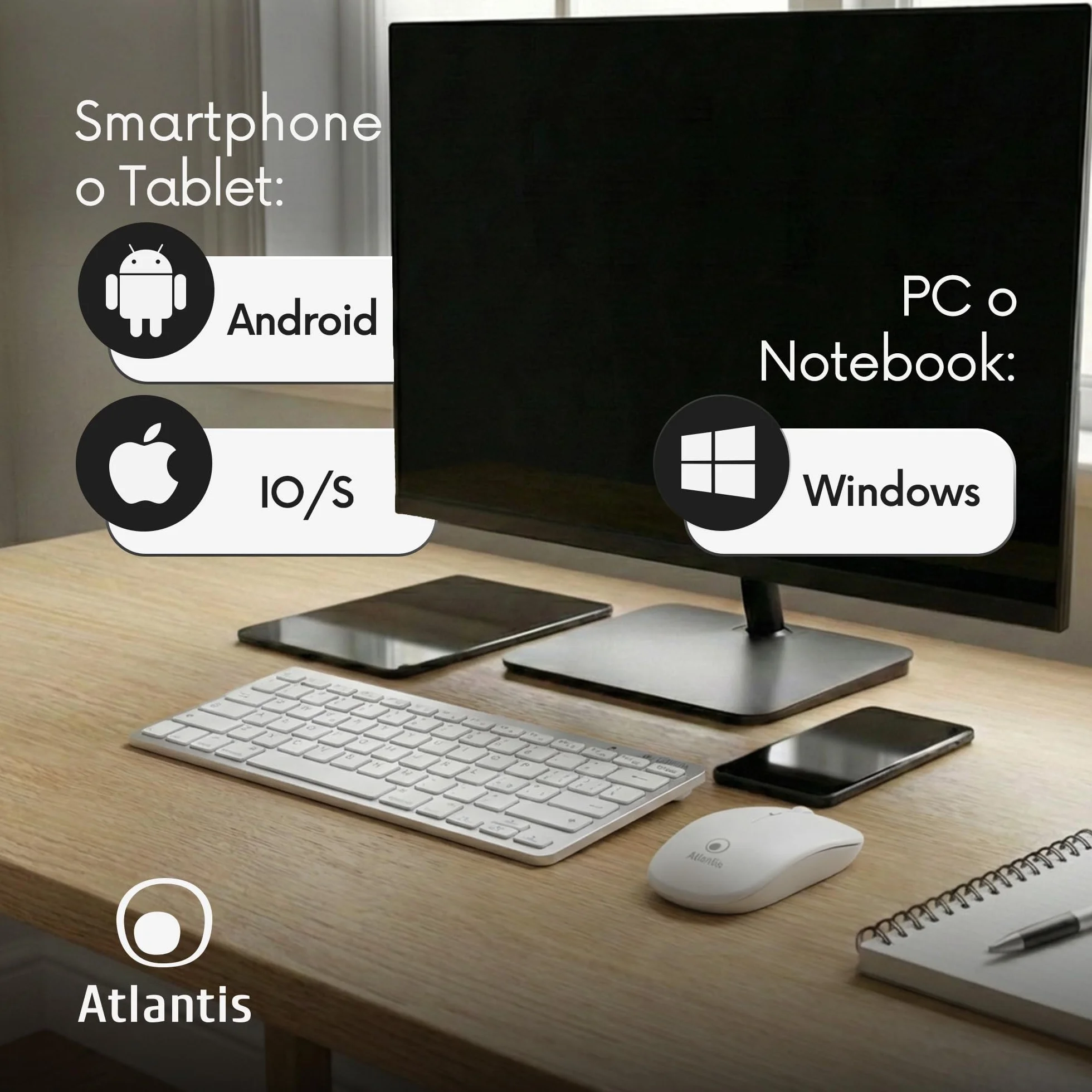Atlantis ARGO 900Pro Combo KIT Mini Tastiera Ultraslim + Mouse - Wireless senza fili RF + Bluetooth, QWERTY 78 tasti “chocolate key”, per PC/Notebook/Smartphone/tablet/iOS/Android, Bianco