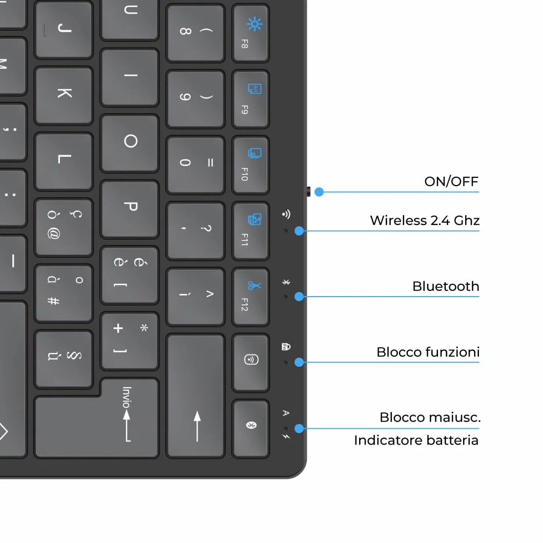 Tastiera Wireless Bluetooth Ricaricabile KEY-601WBT Layout Italiano QWERTY Ultraslim 80h Tasti Silenziosi