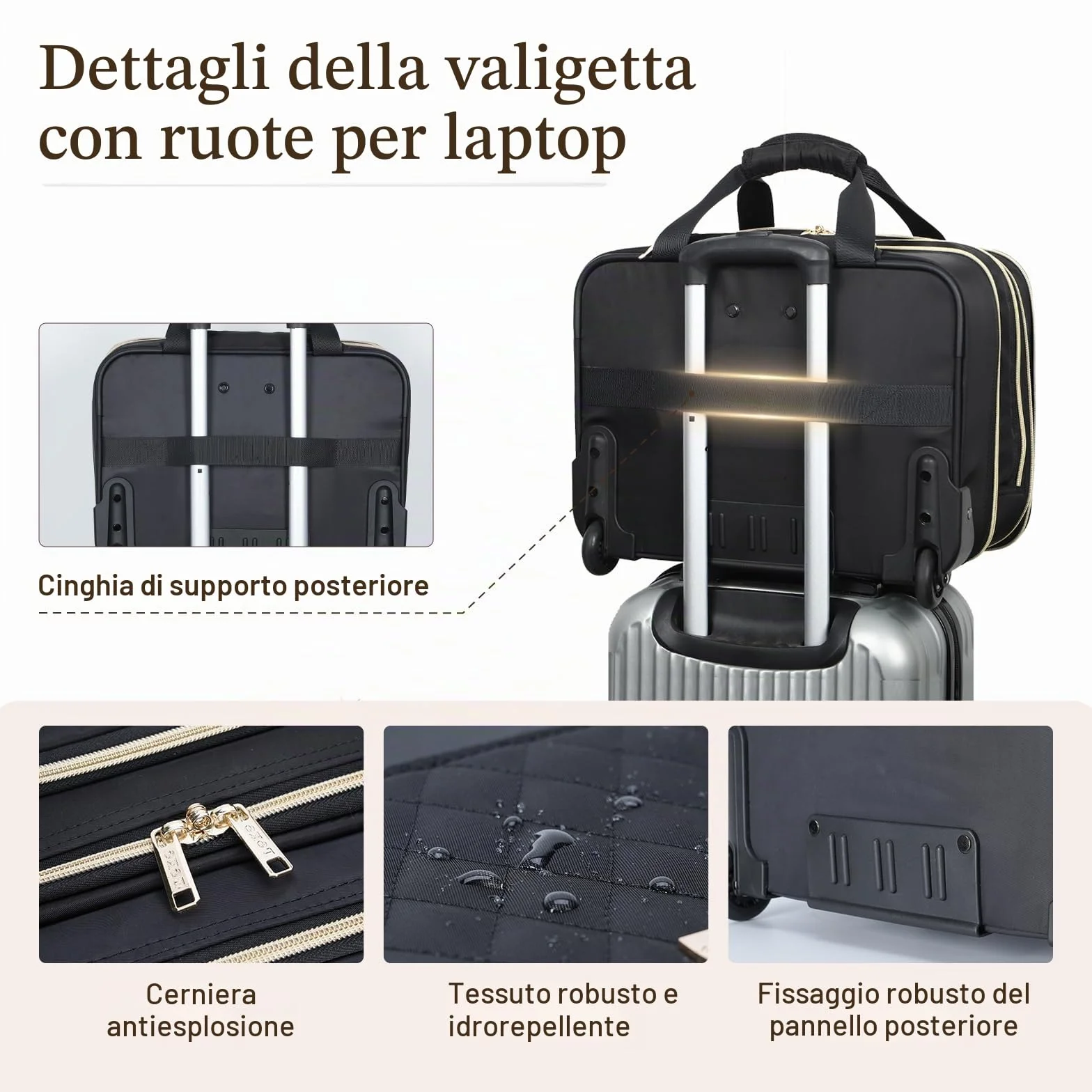 Trolley per Laptop da Lavoro con Ruote, Impermeabile, Bagaglio a Mano 15,6", Valigetta da Viaggio Nero