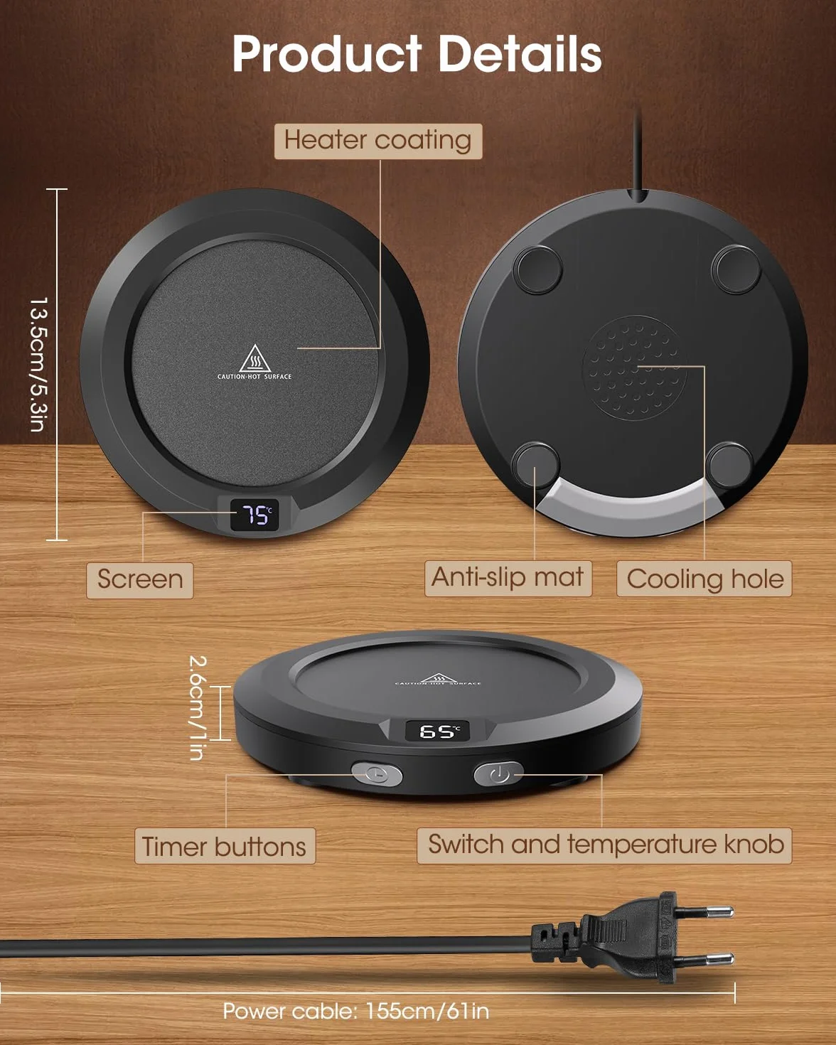 Scalda Tazza, Scalda Tazza usb da Scrivania con 3 Impostazioni Temperatura, Scaldatazza con Spegnimento Automatico 2-12h, Scalda Tazzine da Caffè per Latte, Tè, Acqua (nero)