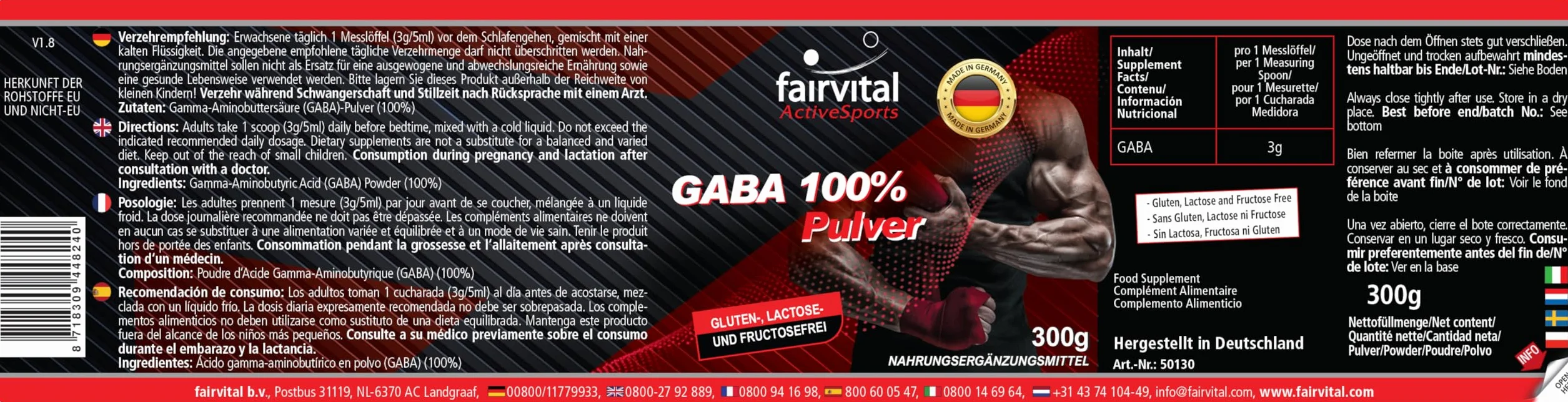 Fairvital GABA in Polvere, Acido Gamma-Aminobutirrico Puro al 100%, 300 g