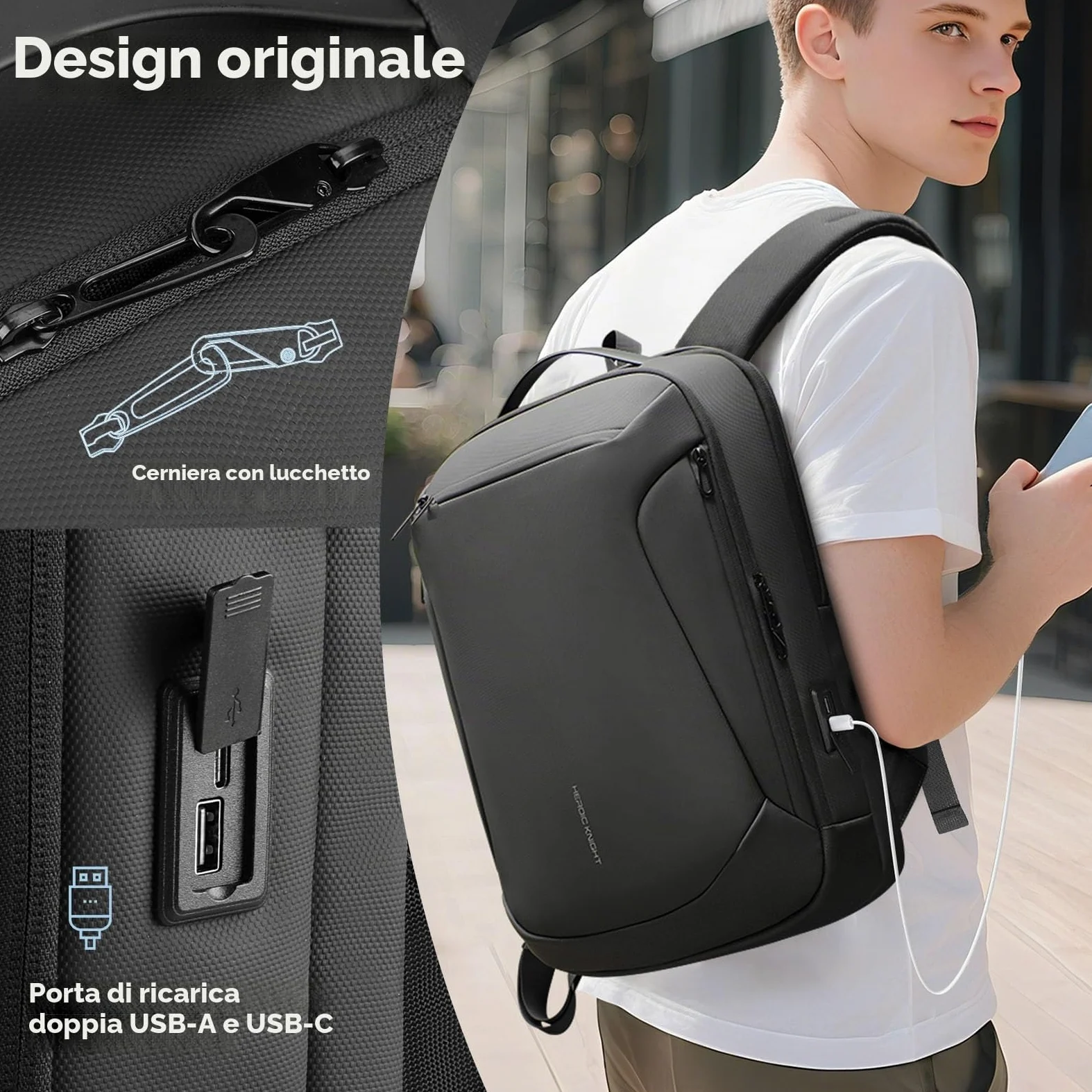 hk Zaino Porta PC 15,6 Pollici Uomo Donna con Cerniere Antifurto | Zaino Lavoro Impermeabile 25L con USB A&C, Zaino Business per Ufficio, Viaggio, Università e Cabina Aereo, Nero