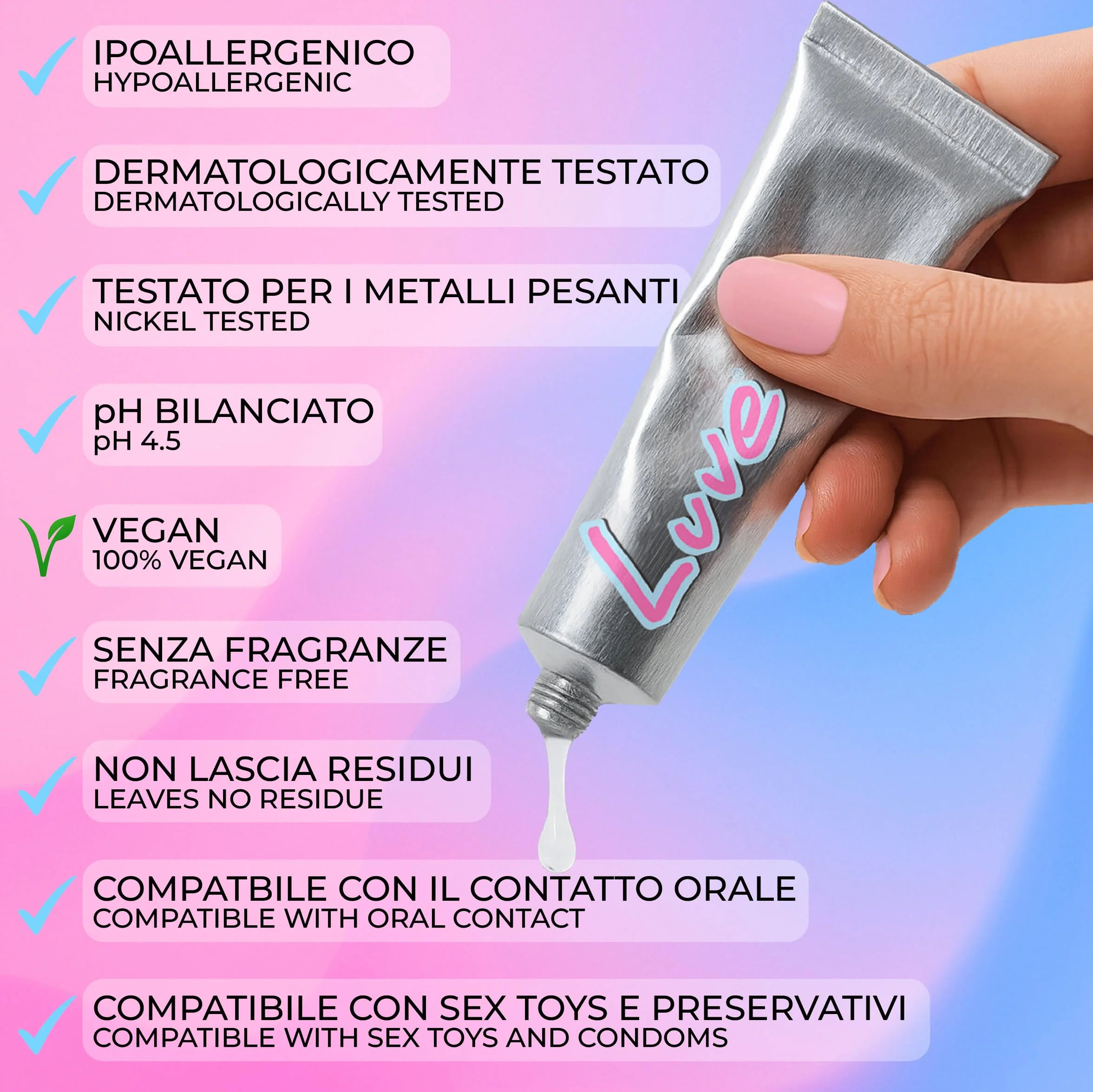 Luve Lubrificante Intimo a Base d'Acqua 35ml Ipoallergenico pH 4.5 Acido Ialuronico Niacinamide Ectoina Nickel Tested Vegan Made in Italy