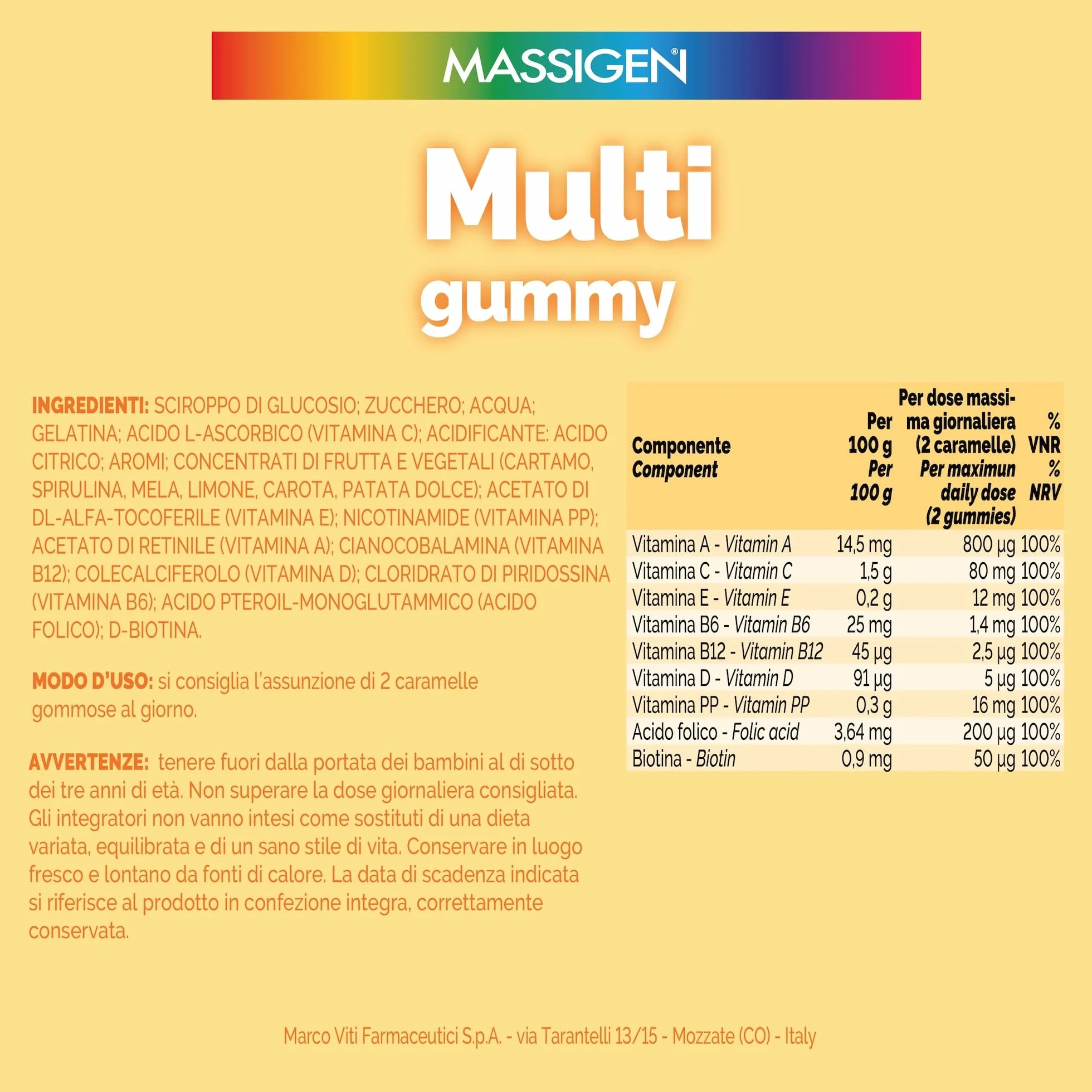 Massigen Multi Gummy Multivitaminico Bambini 4-14 Anni 60 Caramelle Vitamine A C E D B6 B12 Acido Folico Senza Glutine Lattosio