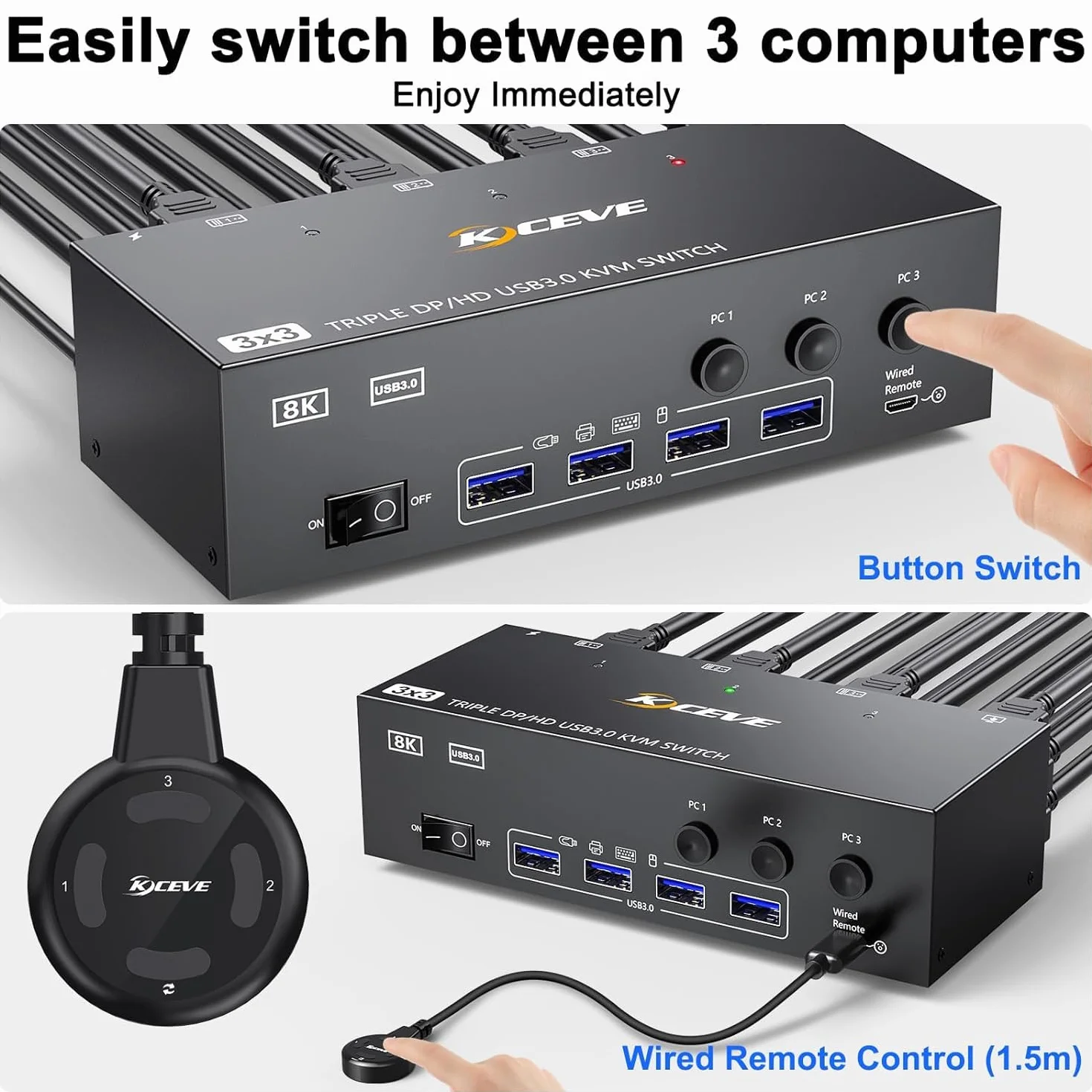 Switch KVM 3 PC 3 monitor 8K a 60 Hz 4K a 144 Hz, CAMGEET HDMI+2 Displayport Switch KVM triplo monitor per 3 computer, condividi 3 monitor e 4 dispositivi USB 3.0, telecomando cablato incluso