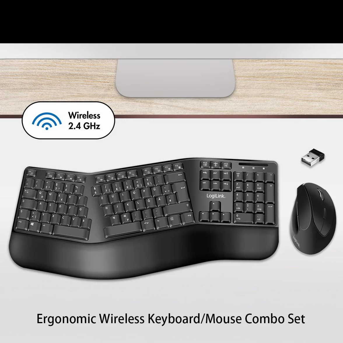 LogiLink Set di mouse ergonomico con tastiera divisa (con 13 tasti multimediali)