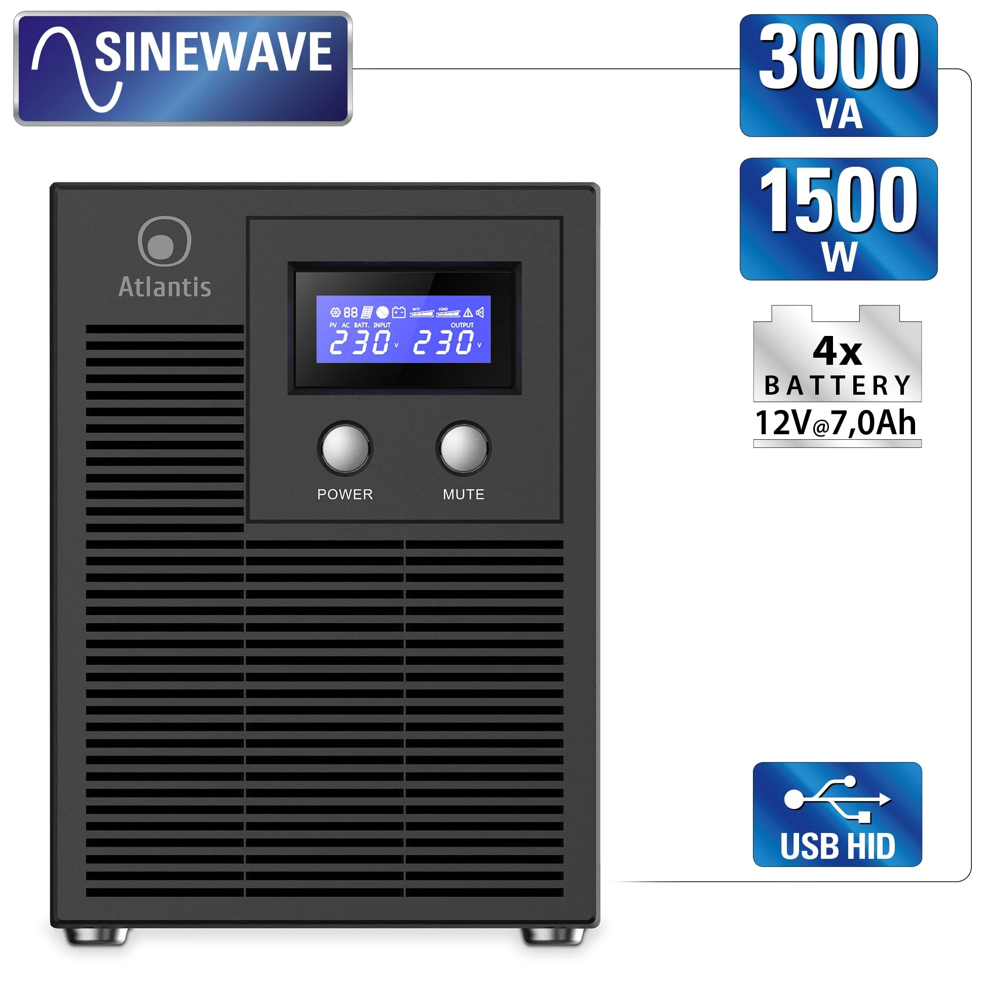 Atlantis Gruppo di Continuità Low Noise 3000VA/2100W, onda sinusoidale pura | UPS Line Interactive, 36,6 dB(A), LCD, USB-HID, 3 IEC + 2 Schuko, RS232, Slot SNMP, 4 batterie 12V 7Ah, cod. A03-HP4003PXLN