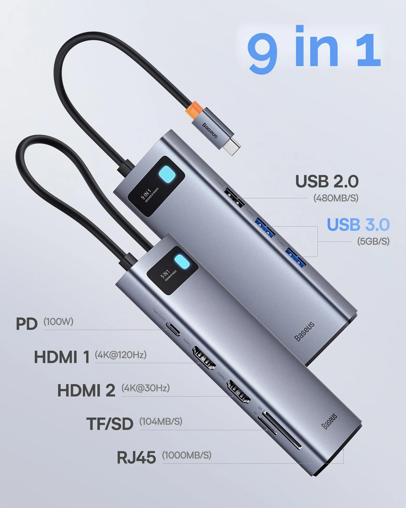 Baseus Docking Station 9 in 1 USB C 4K120Hz, 2 Monitor HDMI, Hub USB C, Ethernet 1000 Mbp, PD 100W, lettore di schede TF/SD, USB 3.0, Adattatore per MacBook/Dell/HP/Lenovo e altri PC