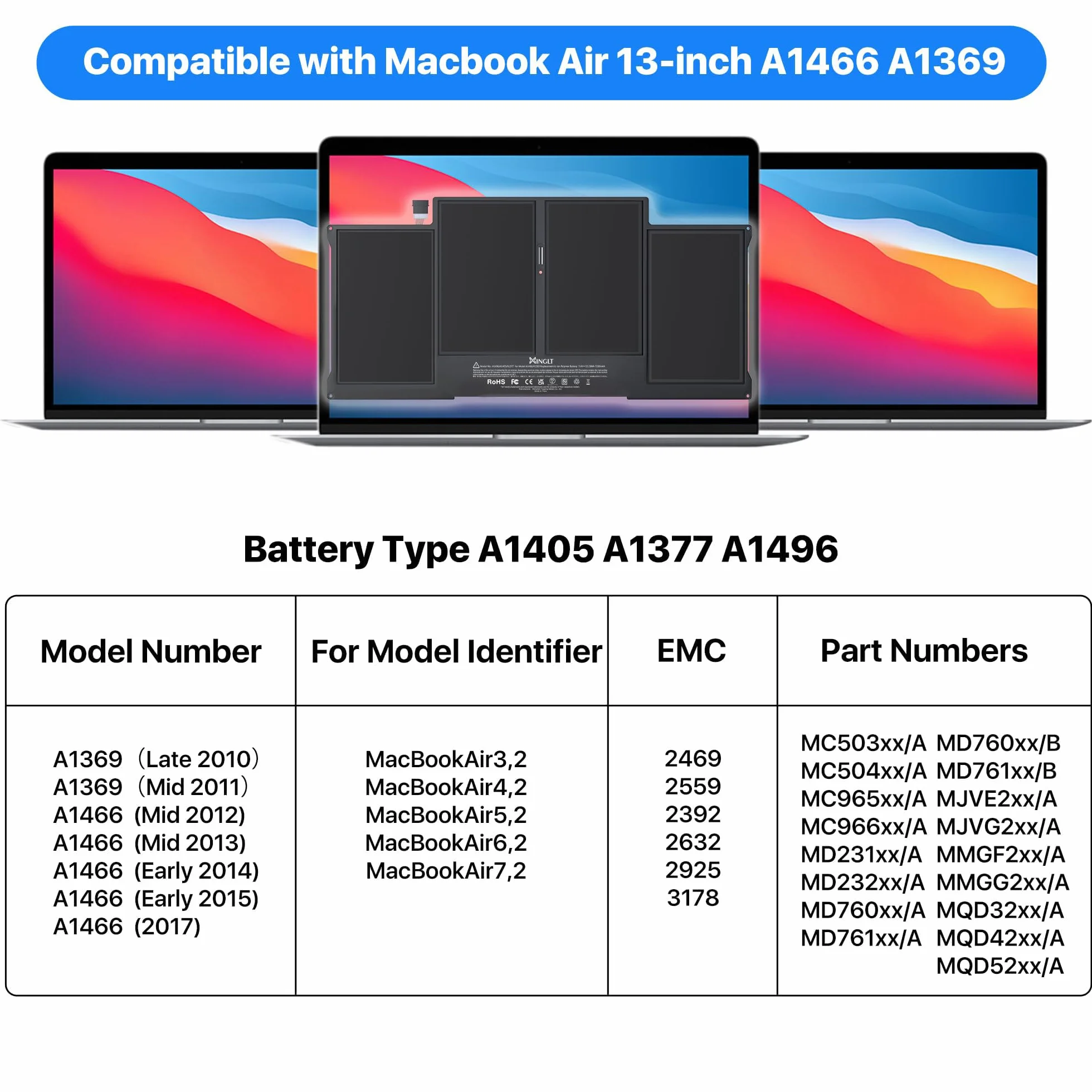 a1466 Batteria di ricambio per laptop MacBook Air 13'' A1466 Batteria (metà 2012,2013, inizio 2014, inizio 2015, 2017) A1369 (fine 2010, versione metà 2011), 7200 mAh, adatta per A1496 A1405 A1377
