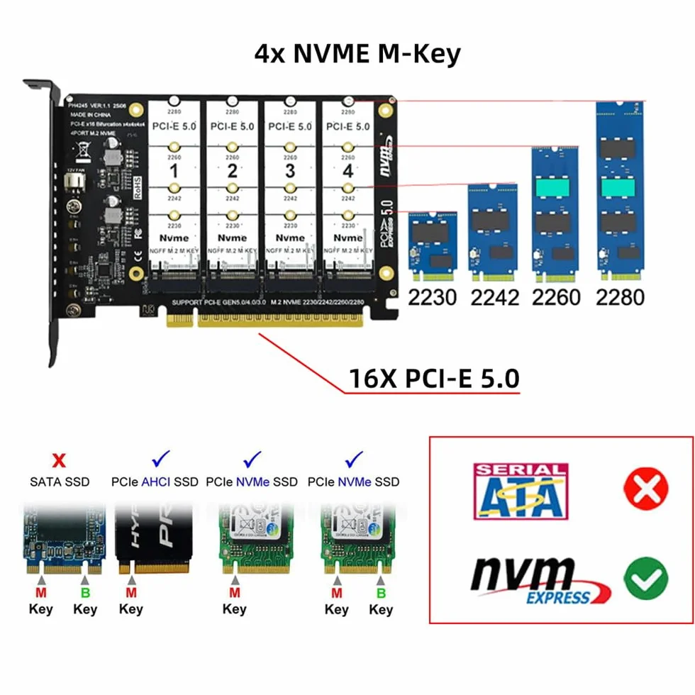 xiwai Adattatore SSD NGFF 4X NVME M-Key M.2 per scheda Raid PCIE Express 5.0 Gen5 Gen4 X16 con biforcazione staccabile VROC Raid0 Hyper