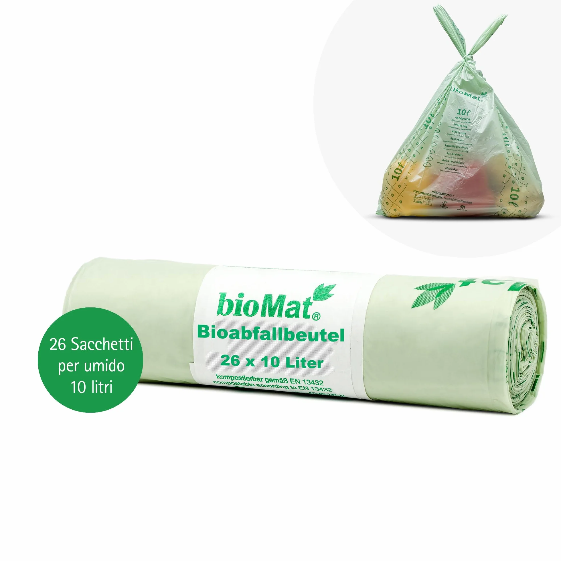 bioMat Sacchetti Compostabili 10l con Manici per Umido 26 Sacchi Certificati DINplus Made in Germany