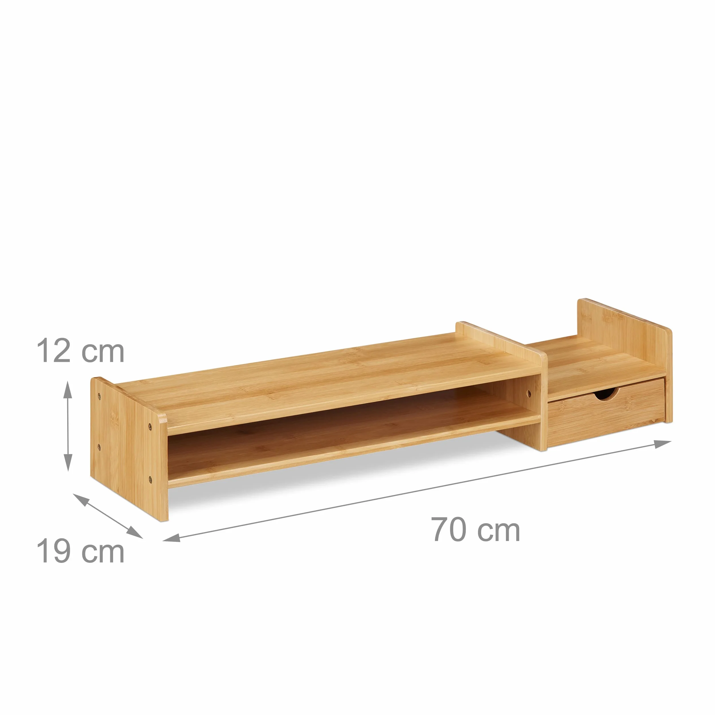 Relaxdays Supporto per Monitor, Rialzo per Schermo con Cassetto, Stand Computer Portatile, HLP 12 x 70 x 19 cm, Naturale
