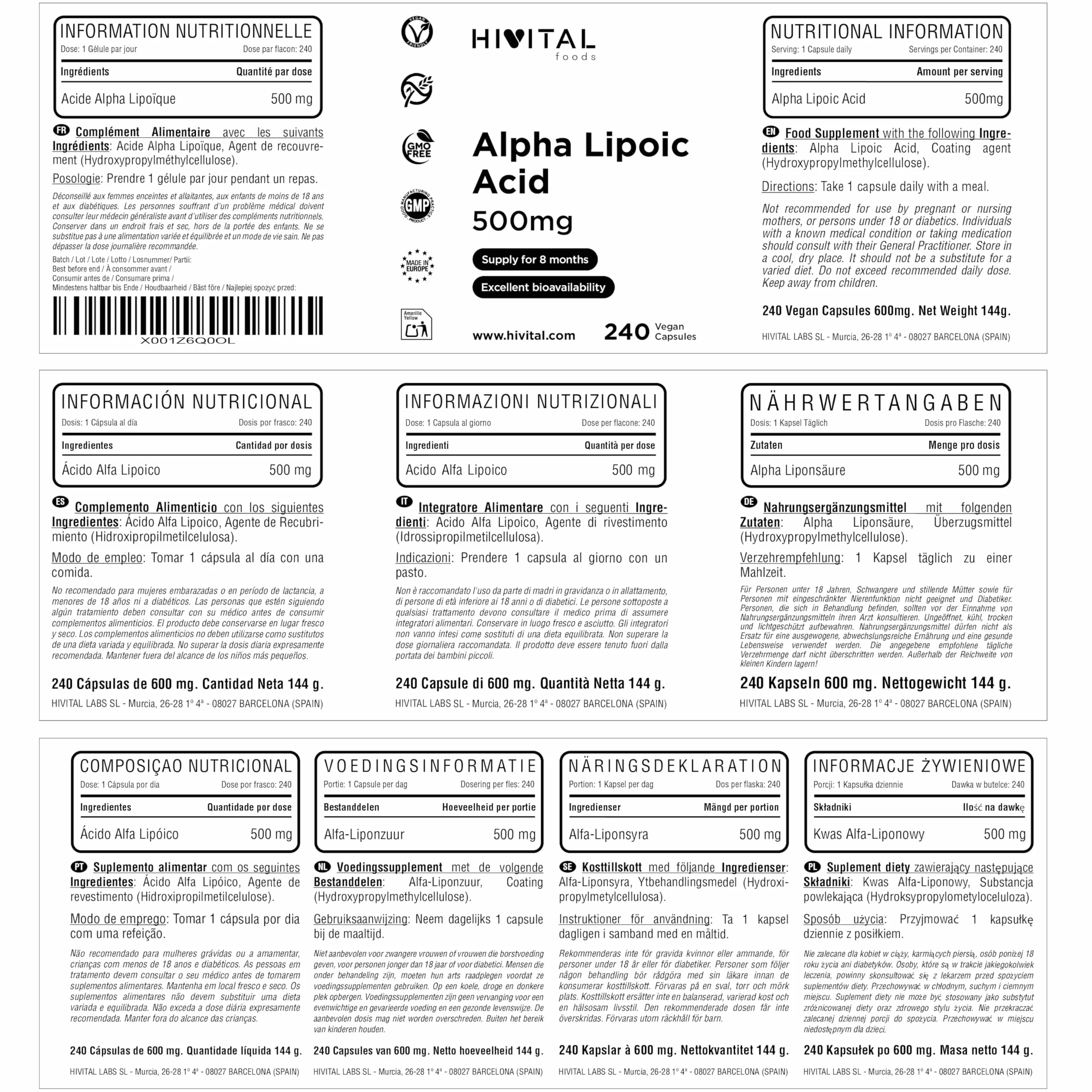 Acido Alfa Lipoico (ALA) 500 mg 240 capsule vegane HIVITAL