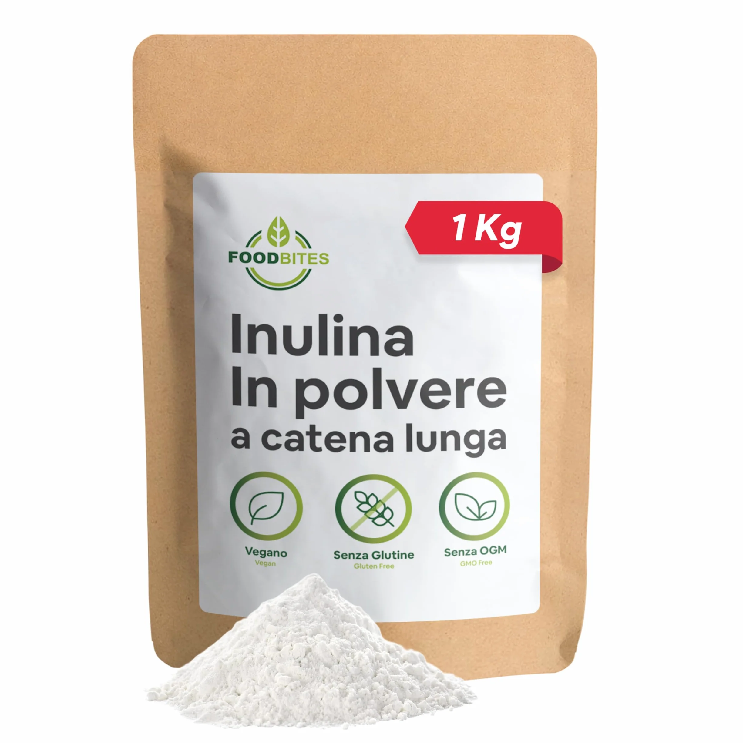 Inulina a Catena Lunga 1 Kg - Inulina di Cicoria in Polvere 100% Pura - Fibra Prebiotica Naturale, Vegana, Senza Glutine