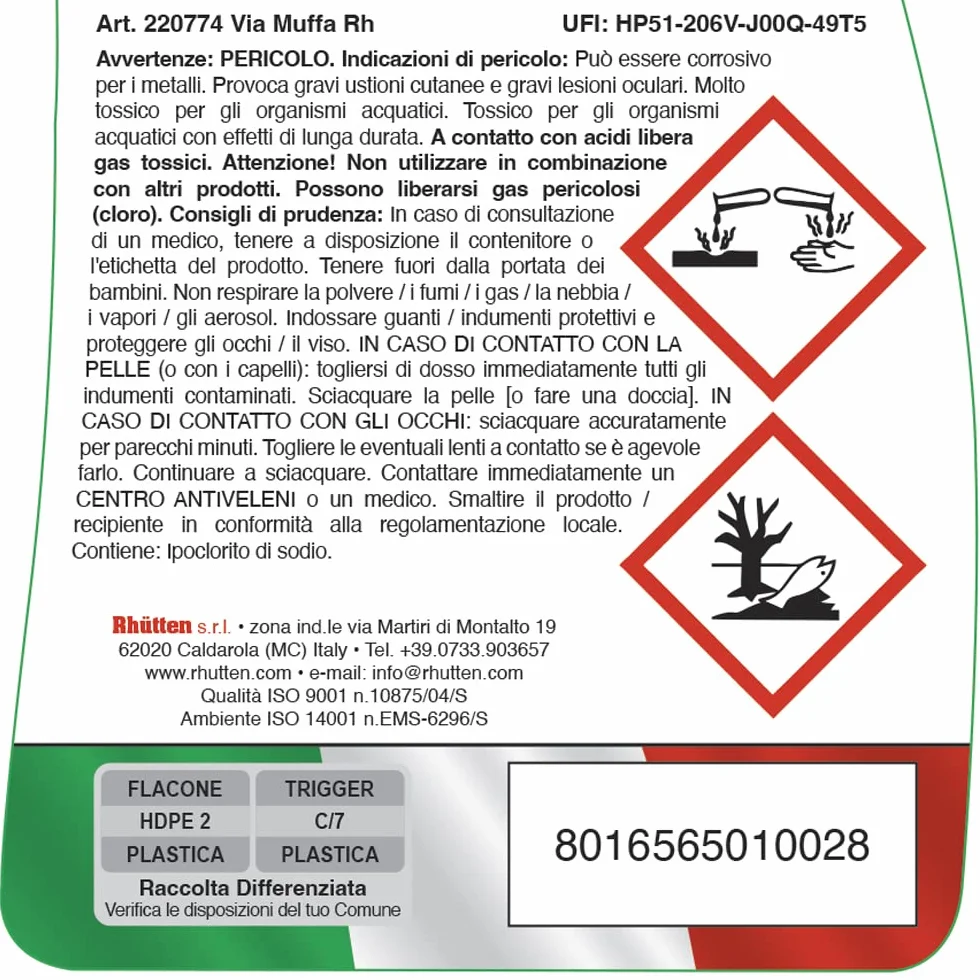 Via Muffa Rh Sbiancante Igienizzante Pareti Guarnizioni Sanitari Fughe Piastrelle 750ml