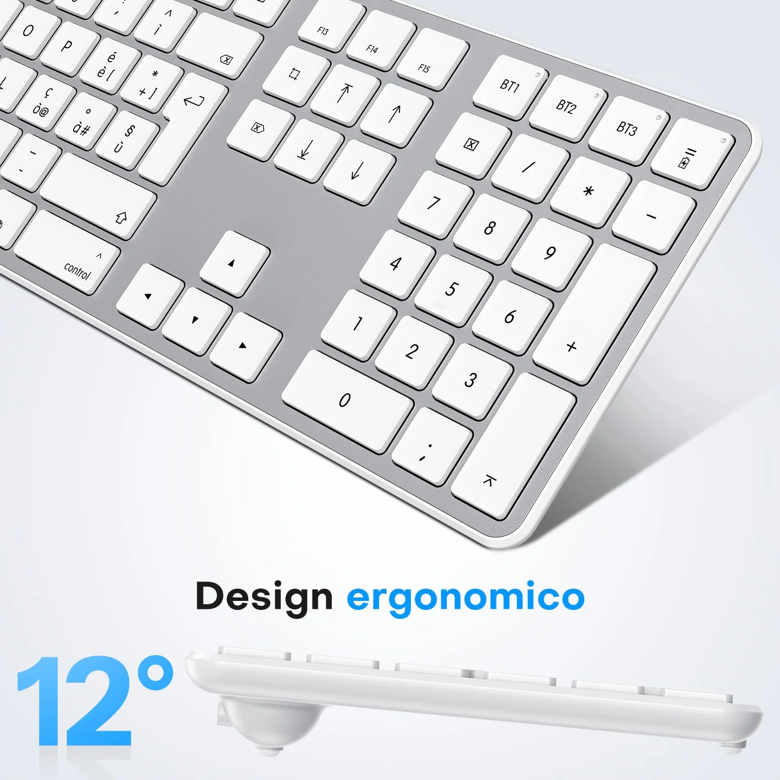 OMOTON Kit Tastiera e Mouse Wireless Bluetooth per Mac, Tastiera e Mouse Ricaricabile con 3 Canali Bluetooth per Mac Pro/Mini, MacBook Pro/Air, iMac, iMac Pro, Layout Italiano QWERTY, Argento
