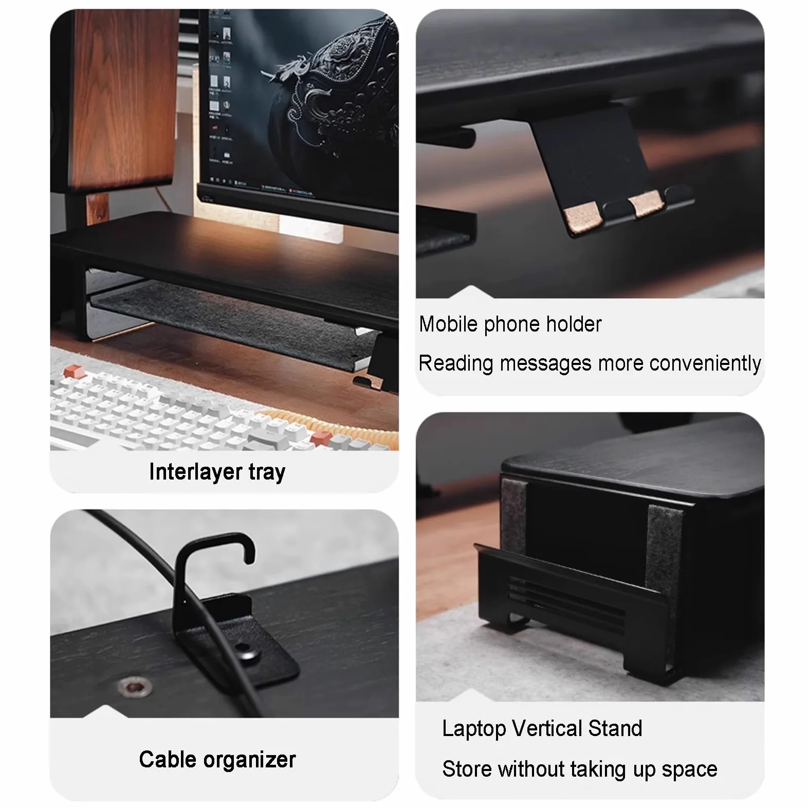 Supporto per Monitor in Legno, Organizer da Scrivania da 120 Cm per Display del Computer, con Vano Porta Smartphone/Laptop/Auricolari, Gestione Cavi, Accessori da Scrivania