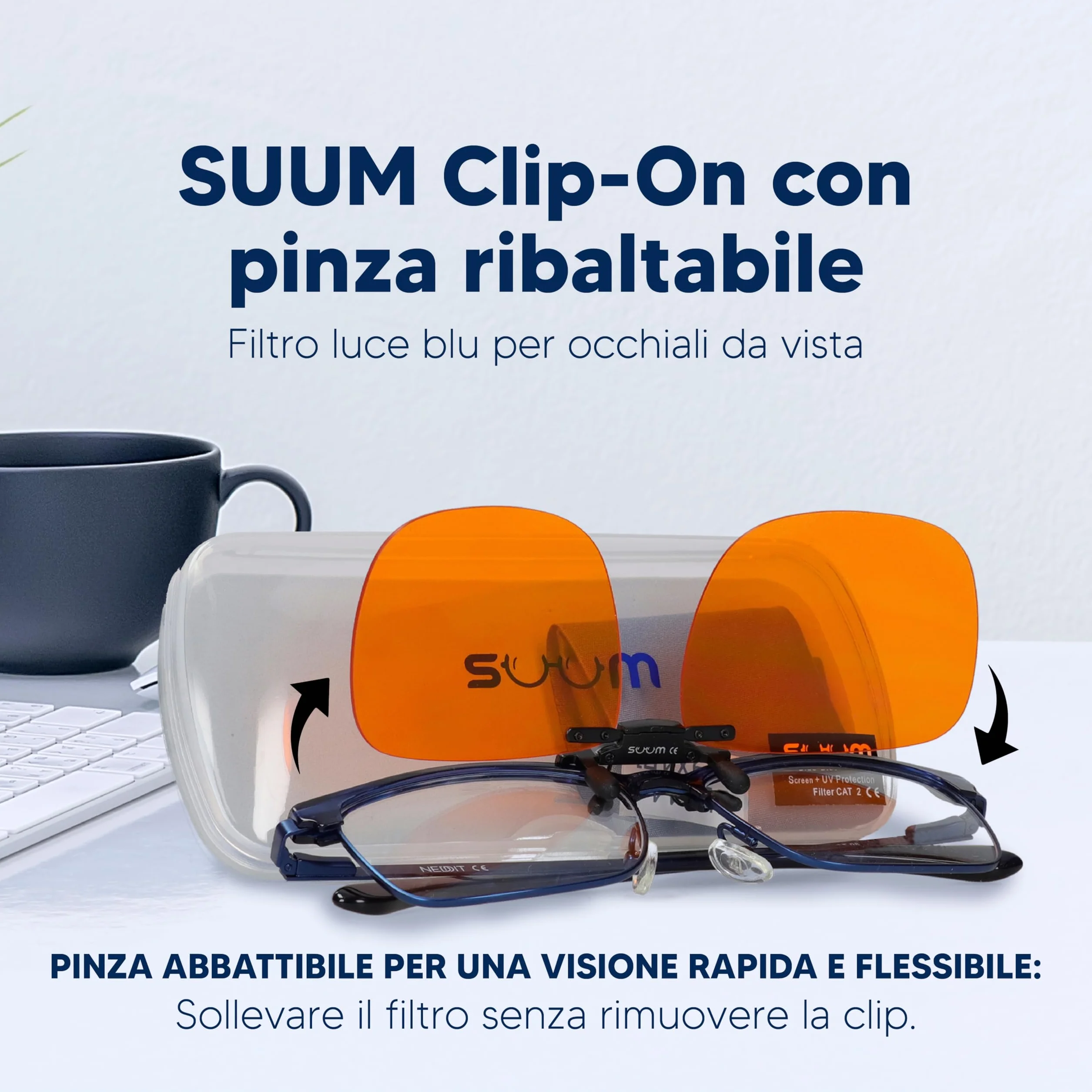 SUUM Clip-On con Morsetto Ribaltabile Filtro Luce Blu per Occhiali da Vista Lenti Arancioni Antiaffaticamento per Schermi Lettura Gaming Lavoro