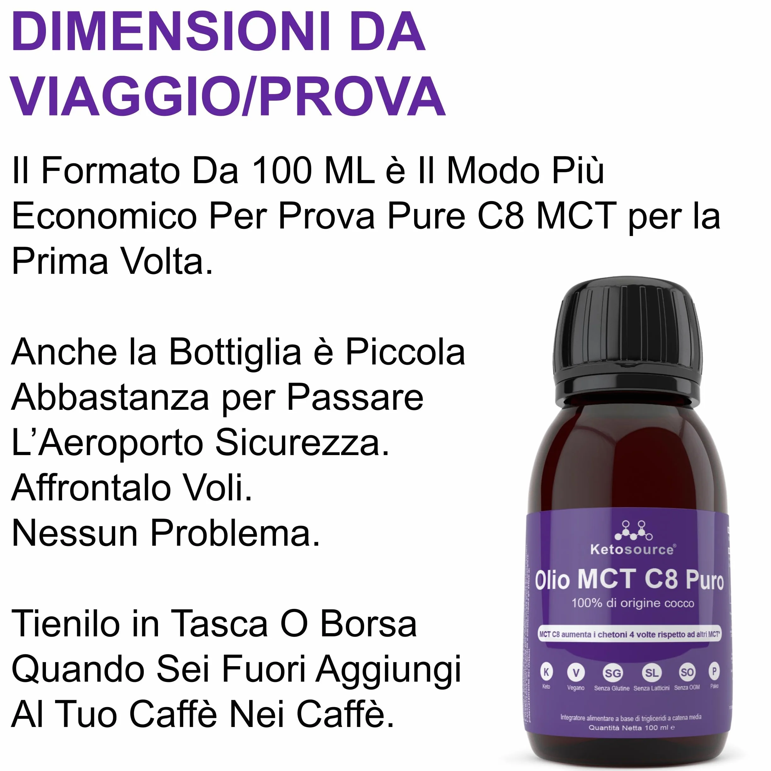 Olio C8 MCT Premium Ketosource® | 4X C8 Trigliceridi Acidi Caprilici Puri | Paleo, Vegano, BPA Free