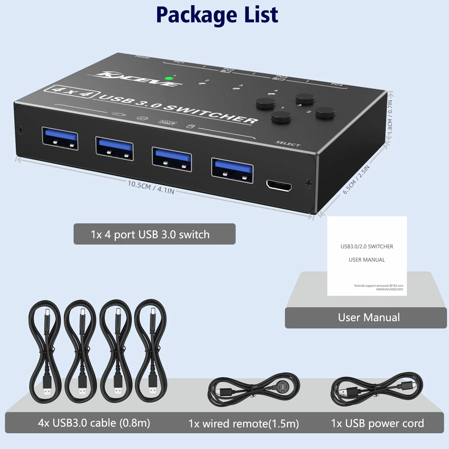 Switch USB 3.0 4 computer, selettore switch USB a 4 porte Condivisione di 4 dispositivi USB, mouse, tastiera, scanner, stampante, PC Compatibile con Mac/Windows/Linux. Con telecomando cablato