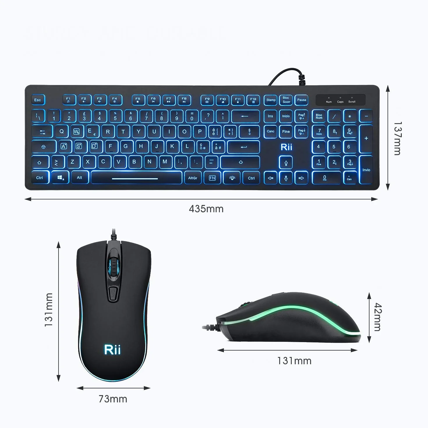 Rii RK105 - Set tastiere e mouse retroilluminati a LED, design elegante e minimalista