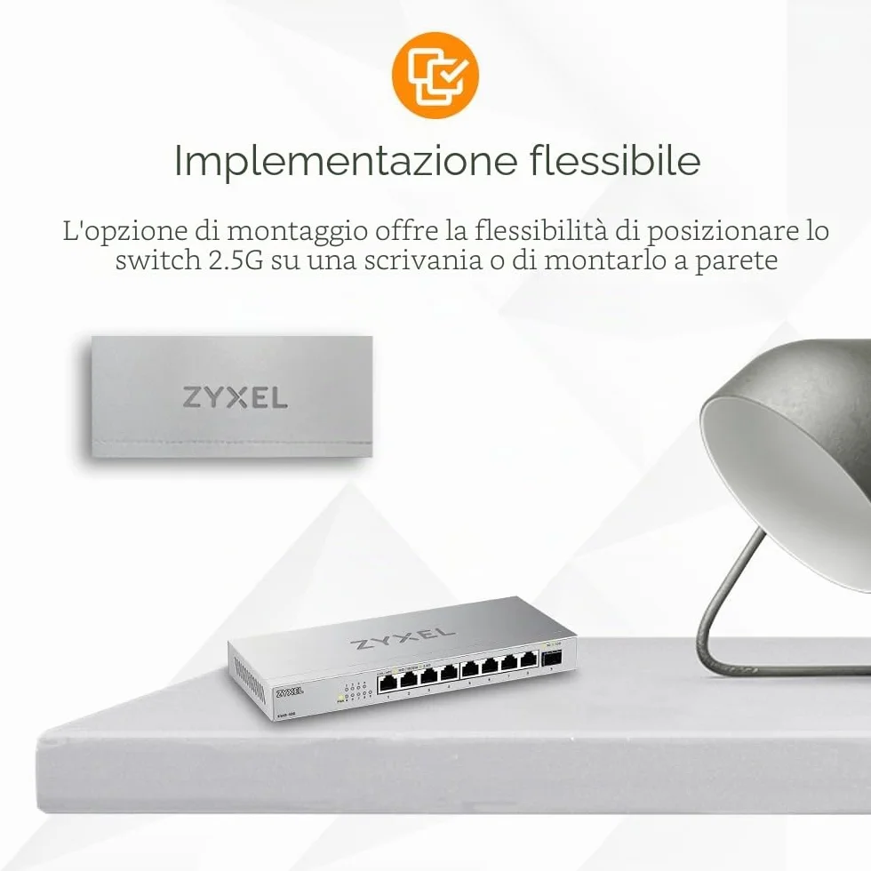 Zyxel Switch Ethernet 8 Porte | Unmanaged Multi-Gigabit Switch 2.5 Gigabit | 1 x 10Gb SFP+ | Montaggio su Desktop o Parete [XMG-108]