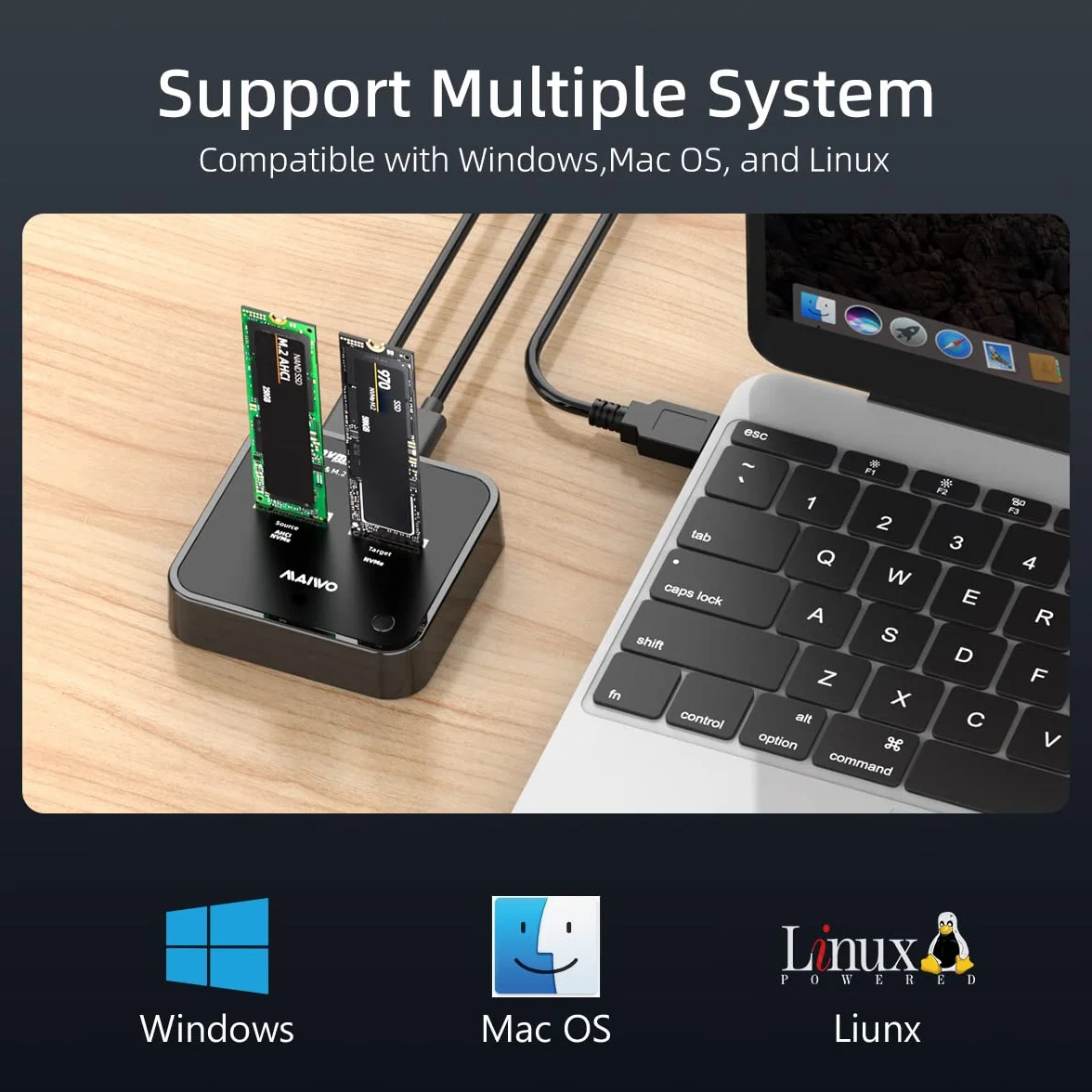 MAIWO K3016P2 M.2 NVMe AHCI SSD Docking Station USB 3.2 Gen2x2 20Gbps Clone Duplicator