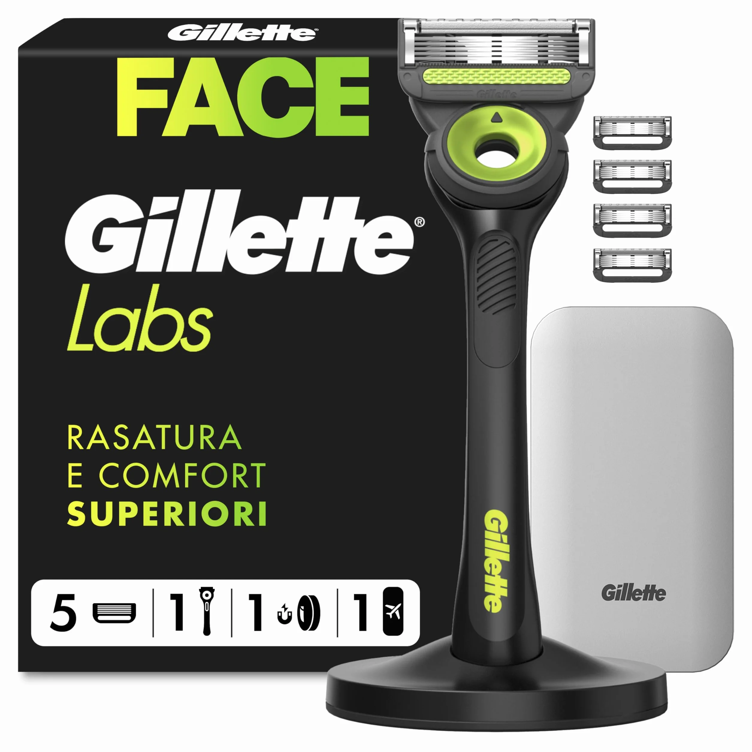 Gillette Labs Rasoio Uomo con 5 Lamette da Barba Base Magnetica Barra Elimina Impurità Nero