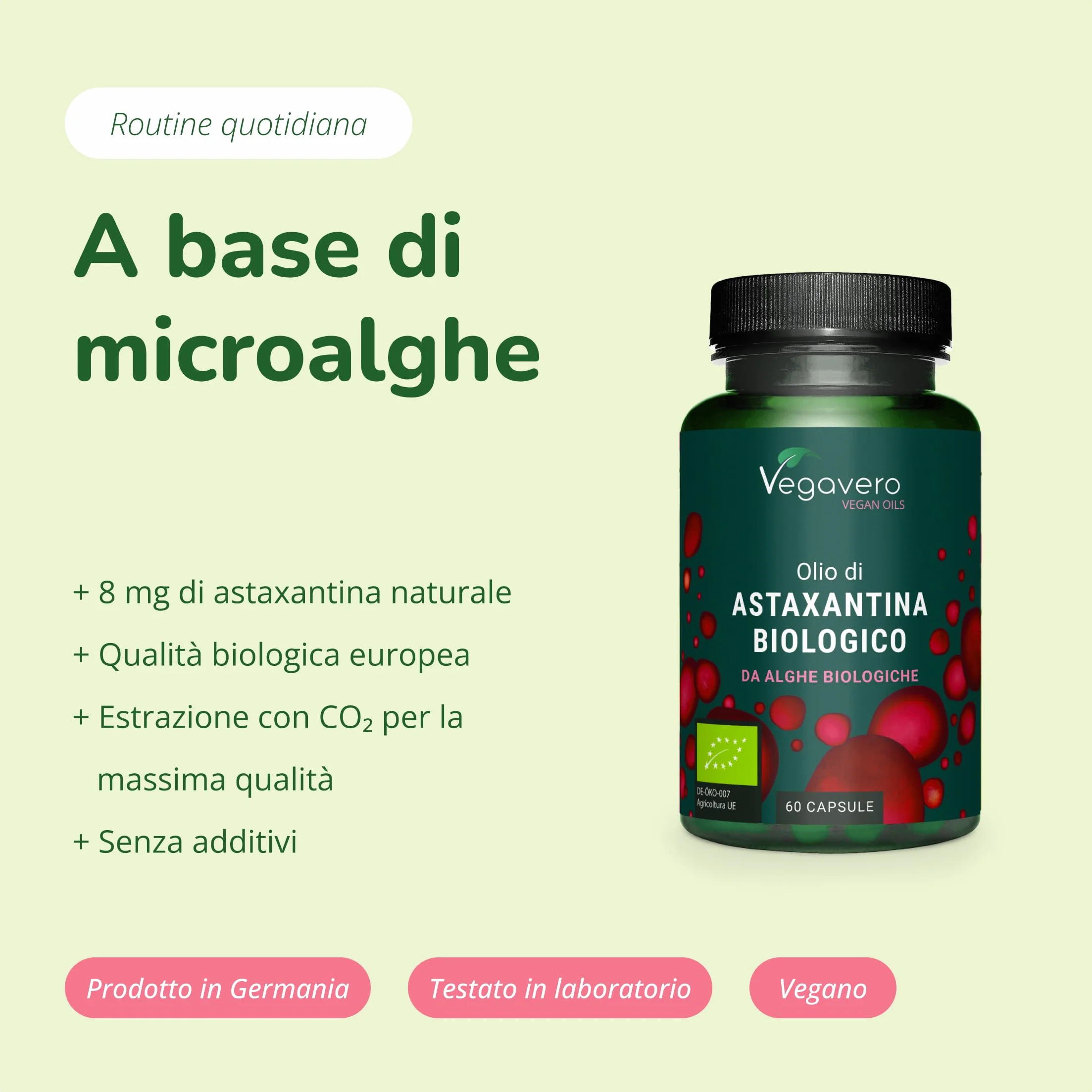 Vegavero® Astaxantina Biologica Antiossidante Haematococcus Pluvialis Difese Immunitarie Salute Pelle Occhi Alta Biodisponibilità Vegan