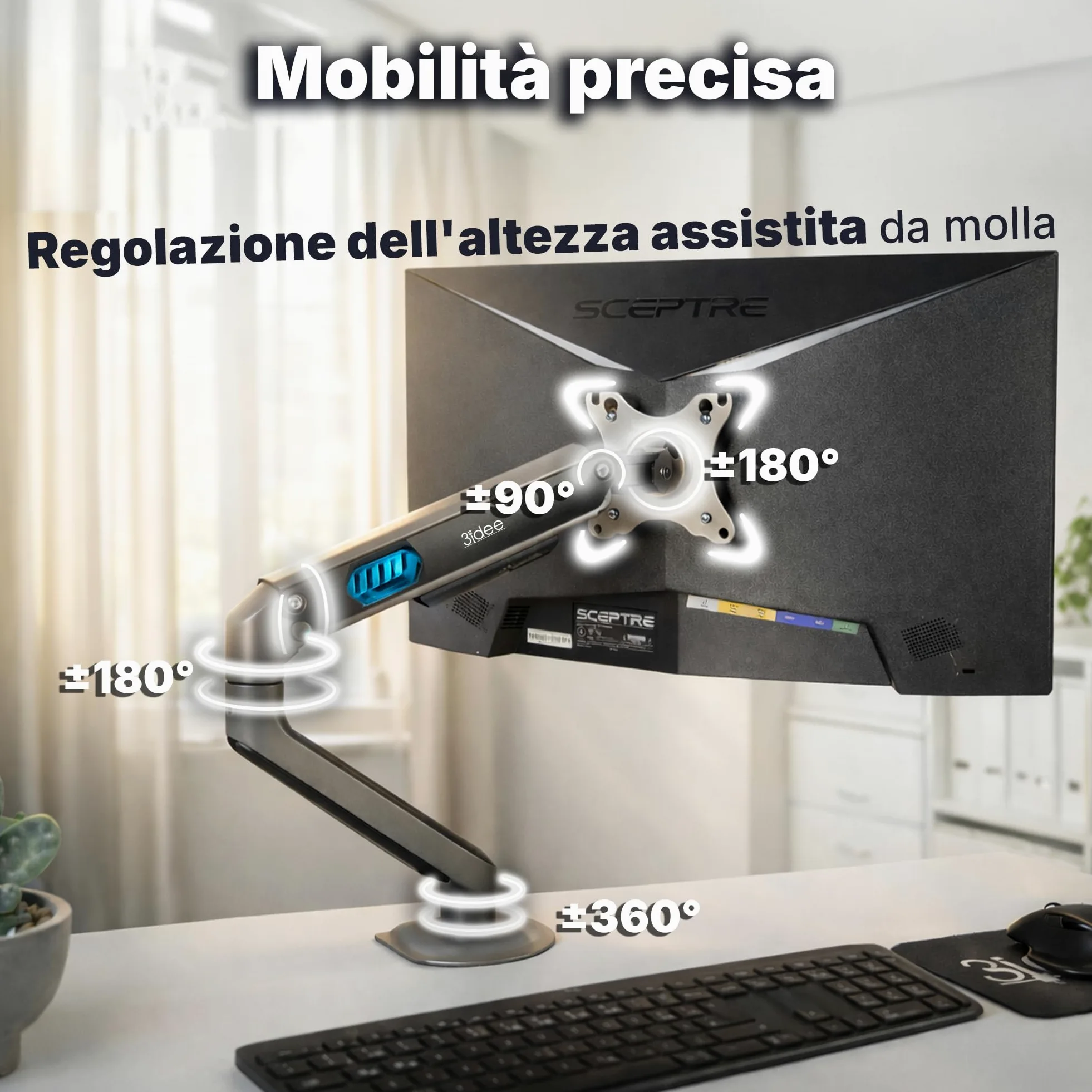 3IDEE Supporto 1 monitor da scrivania per monitor 17-32 pollici - regolabile in altezza, stabile fino a 9 kg - design sottile in alluminio - inclinabile, ruotabile, orientabile - VESA 75x75 e 100x100