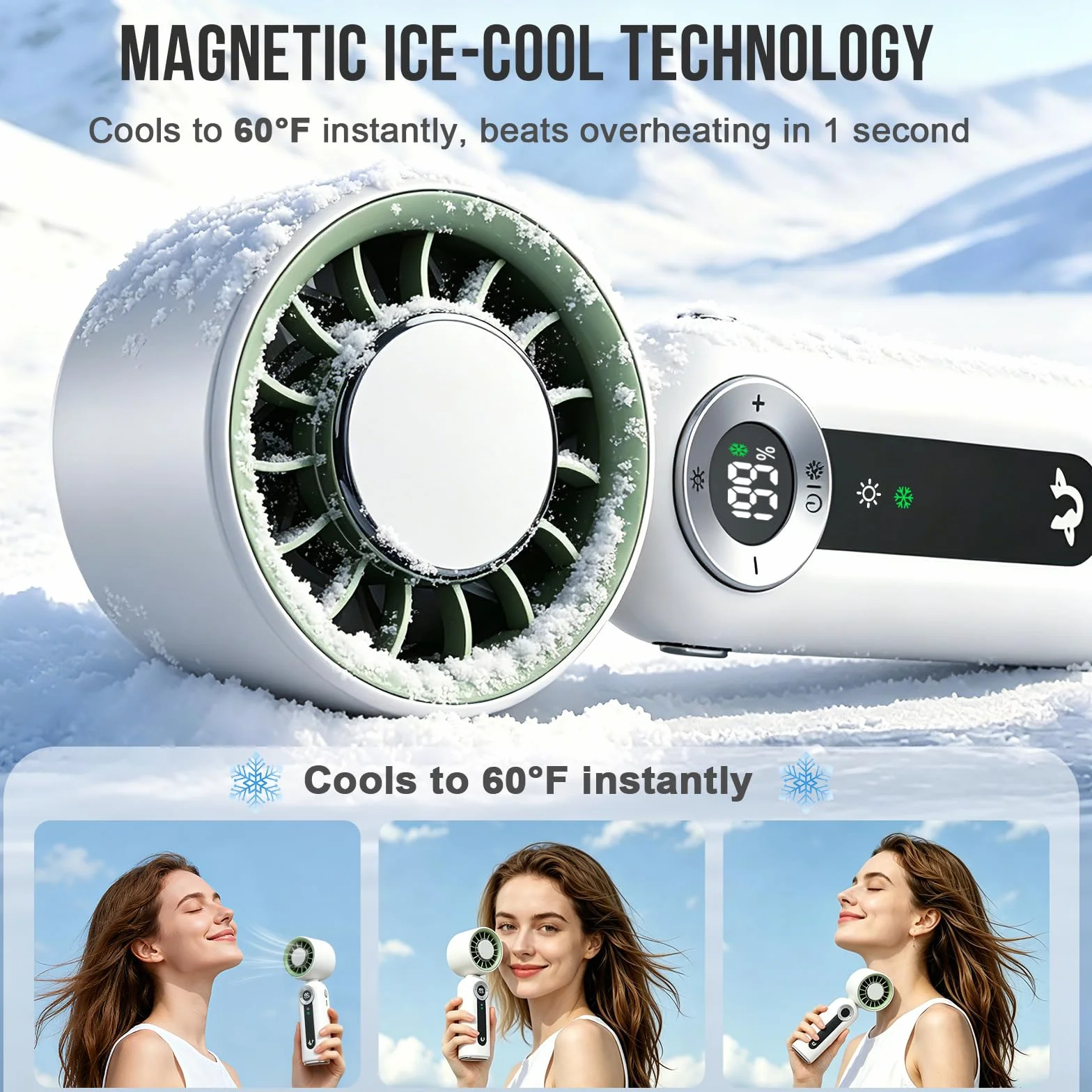 Mini Ventilatore Portatile con Raffreddamento, Ventilatore Ricaricabile con Display LED e Luce Notturna, Pieghevole. Perfetto per Scrivania, Ufficio, Camera da Letto, Cucina e Viaggi – Bianco