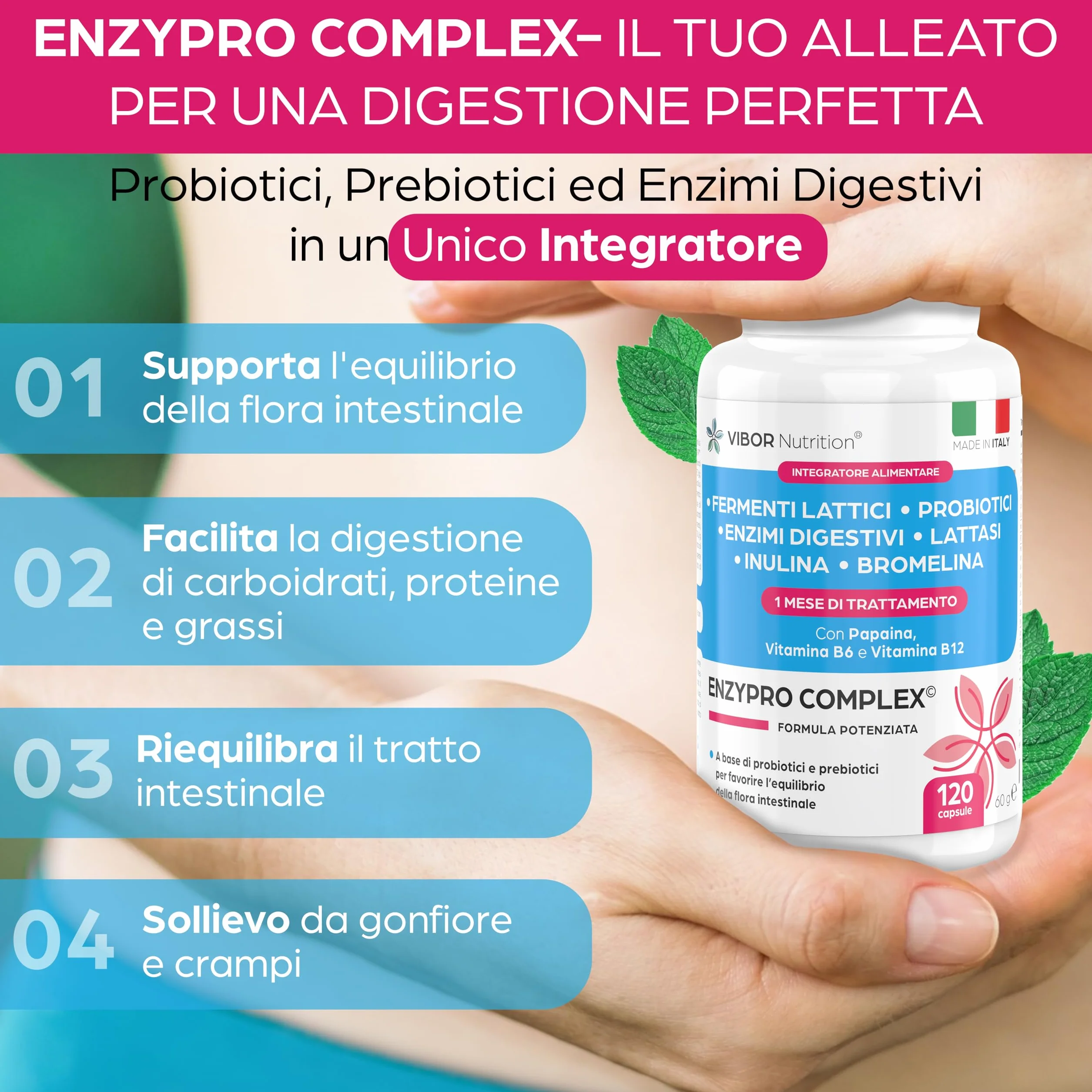 Vibor 120 Cps Enzypro Complex 3 in 1, Fermenti Lattici Probiotici E Prebiotici Per Intestino + Enzimi Digestivi Bromelina Plus Forte Drenante, Lattasi, Inulina, Riduce Il Gonfiore Addominale, Per Adulti