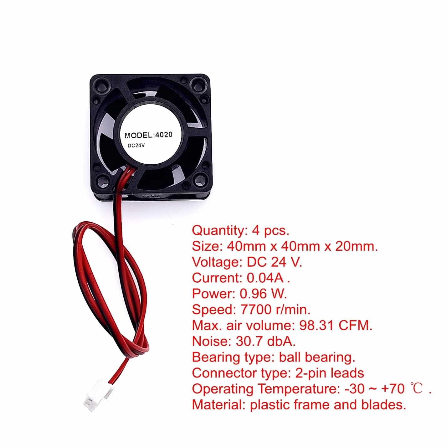 JZK 4PCS 40x40x20 mm DC 24V mini ventola di raffreddamento 40mm con connettore a 2 pin, 7700 rpm, 0.04A, 4020 ventola DC brushless 4cm per scheda di sviluppo, scheda grafica, ventola per stampante 3D