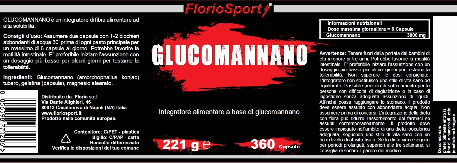 Glucomannano Forte 360 Capsule 500mg FlorioSport Integratore Fibra Vegetale Radice Konjac
