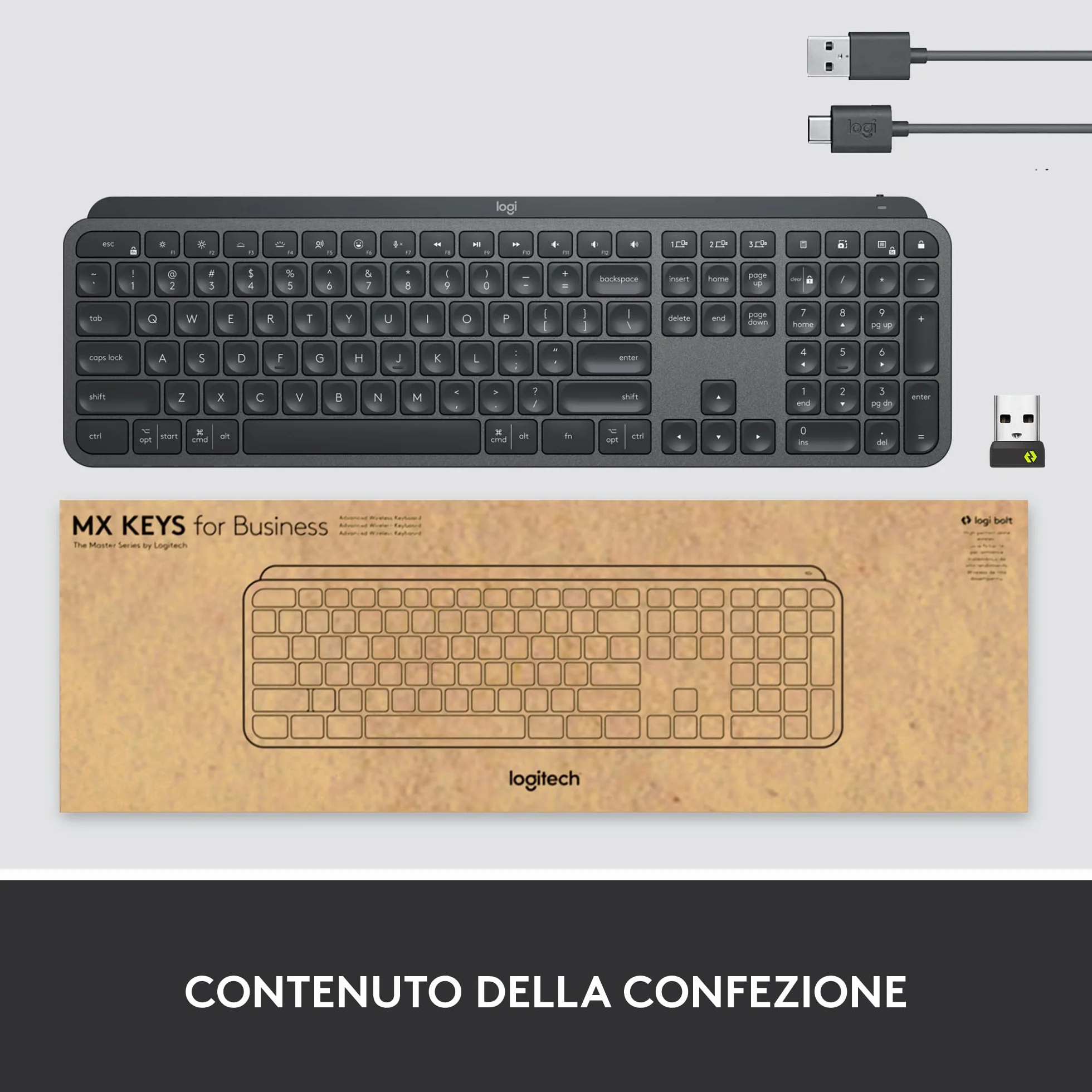 Logitech MX Keys Advanced for Business Tastiera wireless illuminata, ricevitore USB Logi Bolt, Bluetooth, tasti retroilluminati, ricaricabile, layout QWERTY Italiano - Grafite