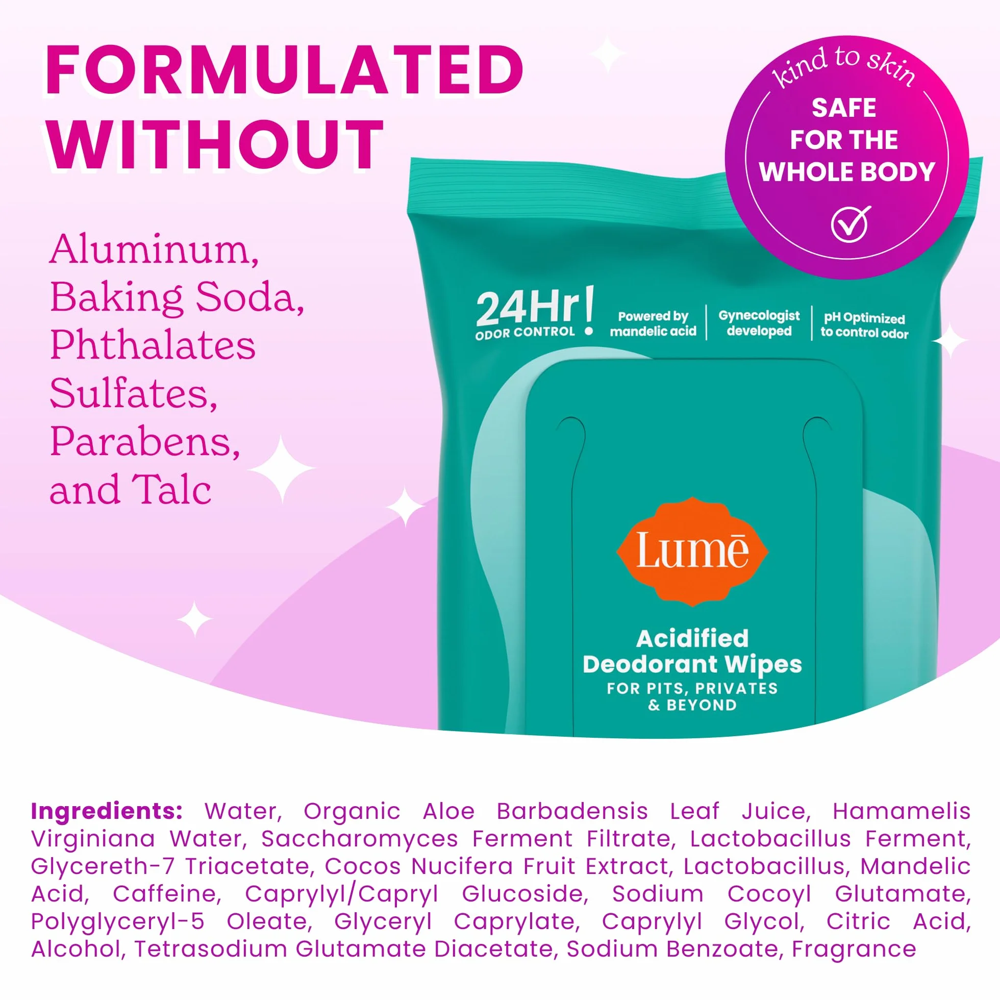 Lume Salviette deodoranti acidificate controllo odori 24 ore senza alluminio bicarbonato sodio cura pelle 15