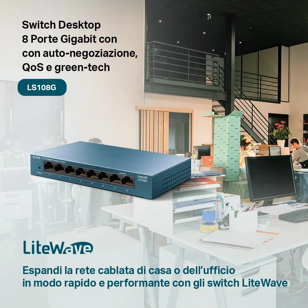 TP-Link LS108G Switch Ethernet 8 Porte Gigabit, Sdoppiatore Ethernet, Struttura in Metallo, 802.1p/DSCP QoS, Ideale per la Casa e il Ufficio, Plug & Play, Funzionamento Silenzioso, Montaggio Desktop