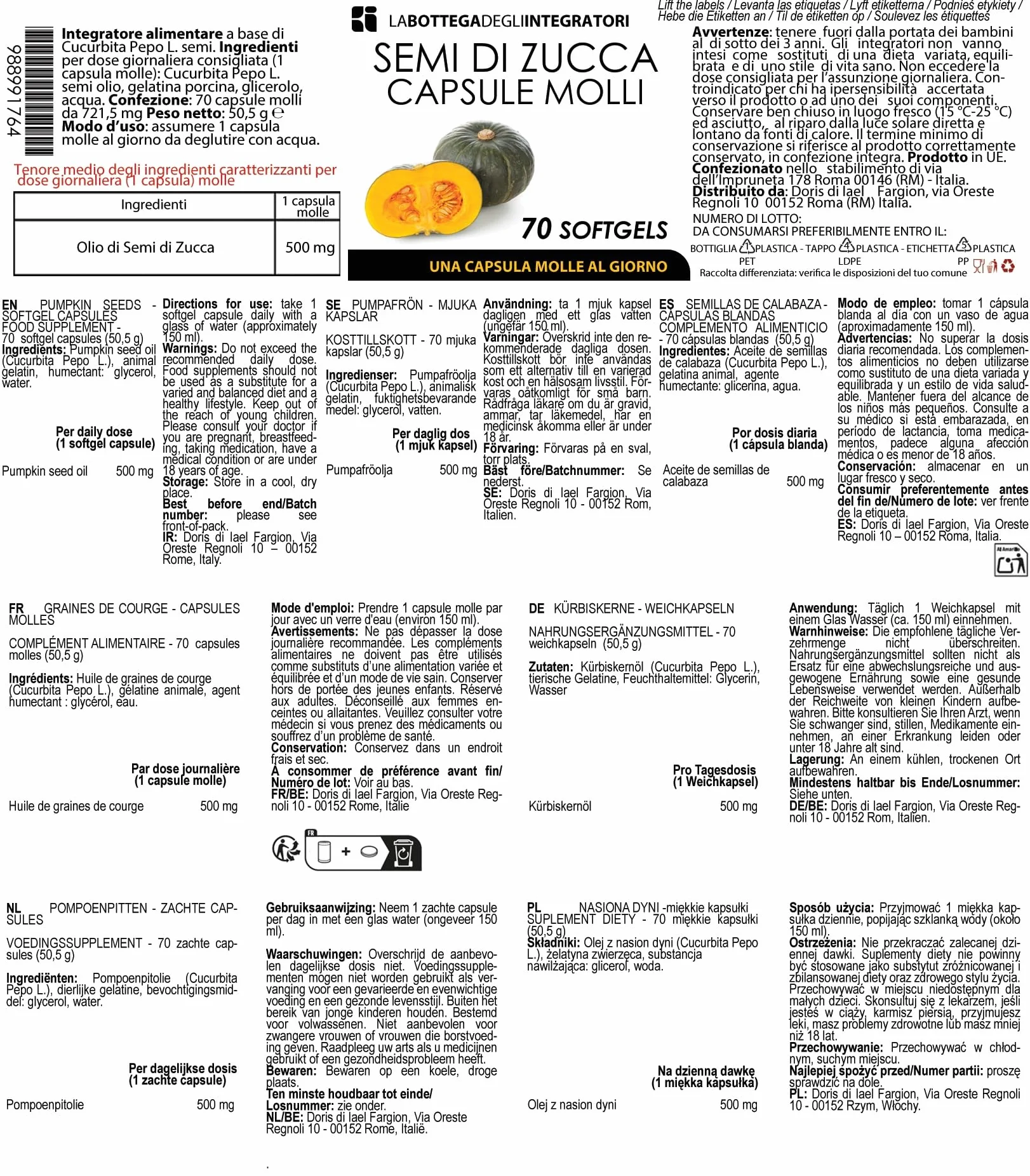 Semi di Zucca 140 Softgels Olio Spremuto a Freddo Omega 3 6 9 Acido Linoleico Oleico